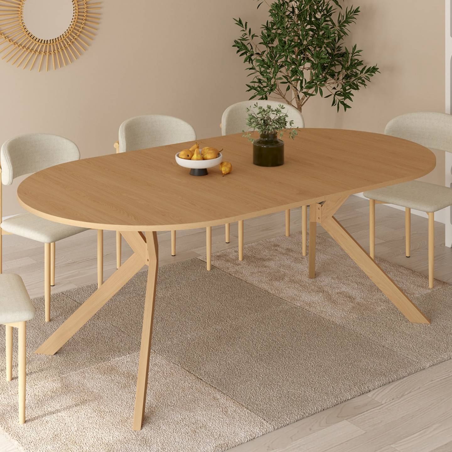 IDMARKET - Table à manger extensible ronde ALIX 4-10 personnes pied araignée bois effet hêtre 110-200 cm - Image 1