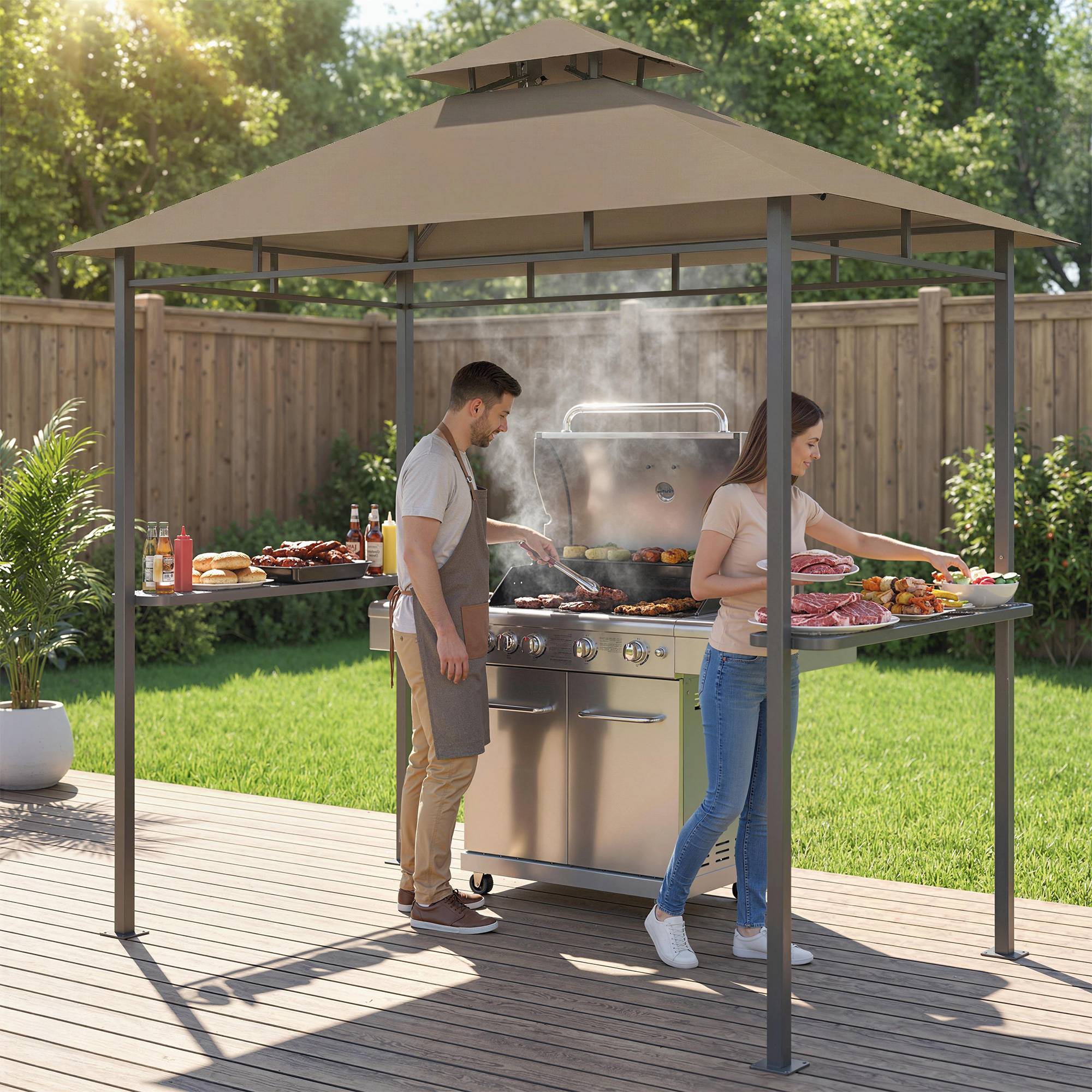 Maison Chic - Tonnelle de jardin extérieur, tente pour barbecue 245x146x255cm, double toit, Métal Marron fr12 - Image 4