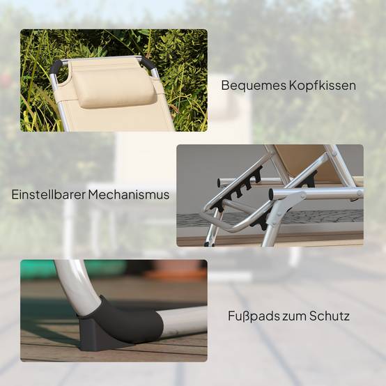 Transat pliable de jardin beige avec appui-tête, fauteuil inclinable 4 positions, aluminium, charge 120 kg, plage, terrasse - Image 10