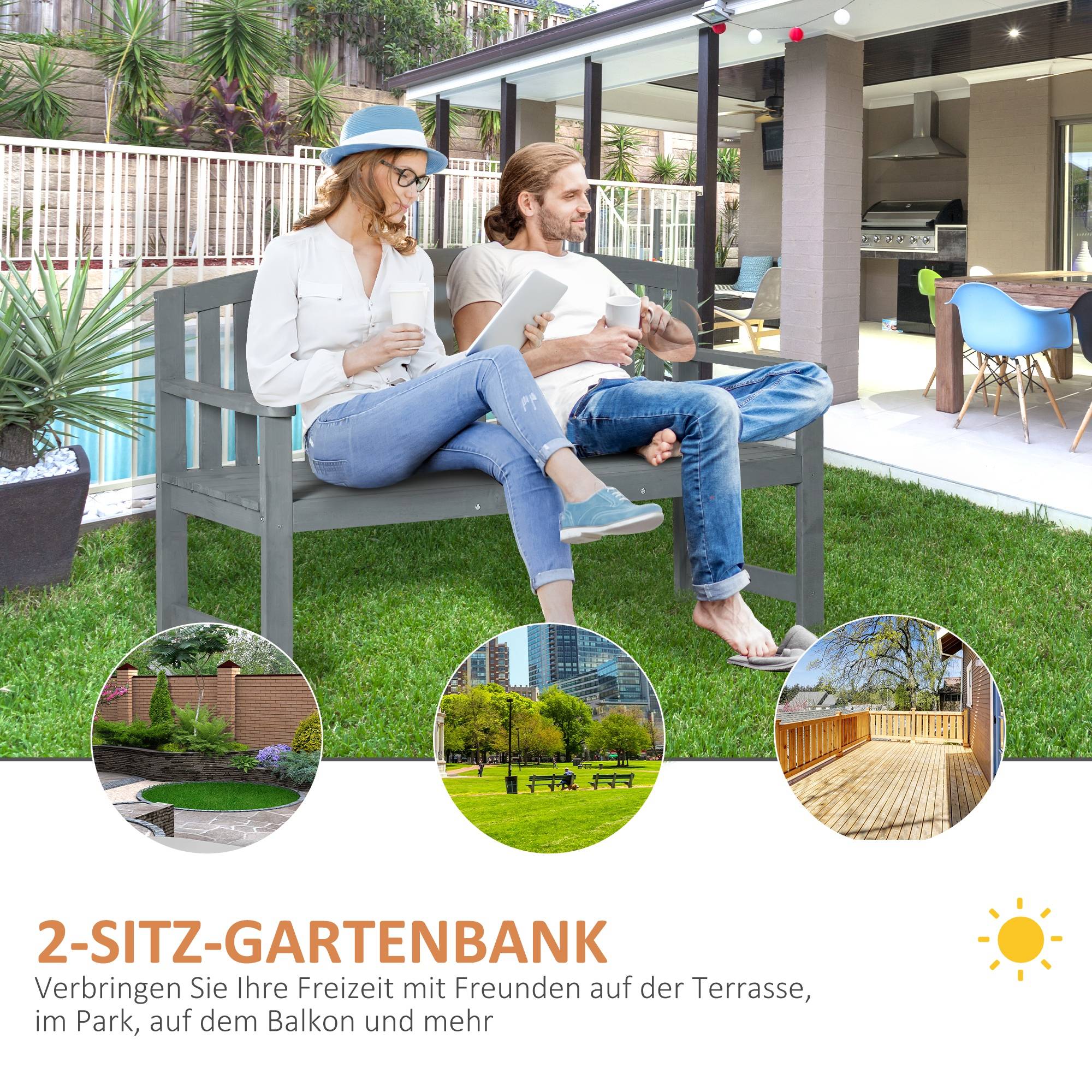 Banc de jardin 2 places en bois, résistant aux intempéries, avec dossier, charge maximale 240 kg, 143 x 51 x 85 cm, gris - Image 6