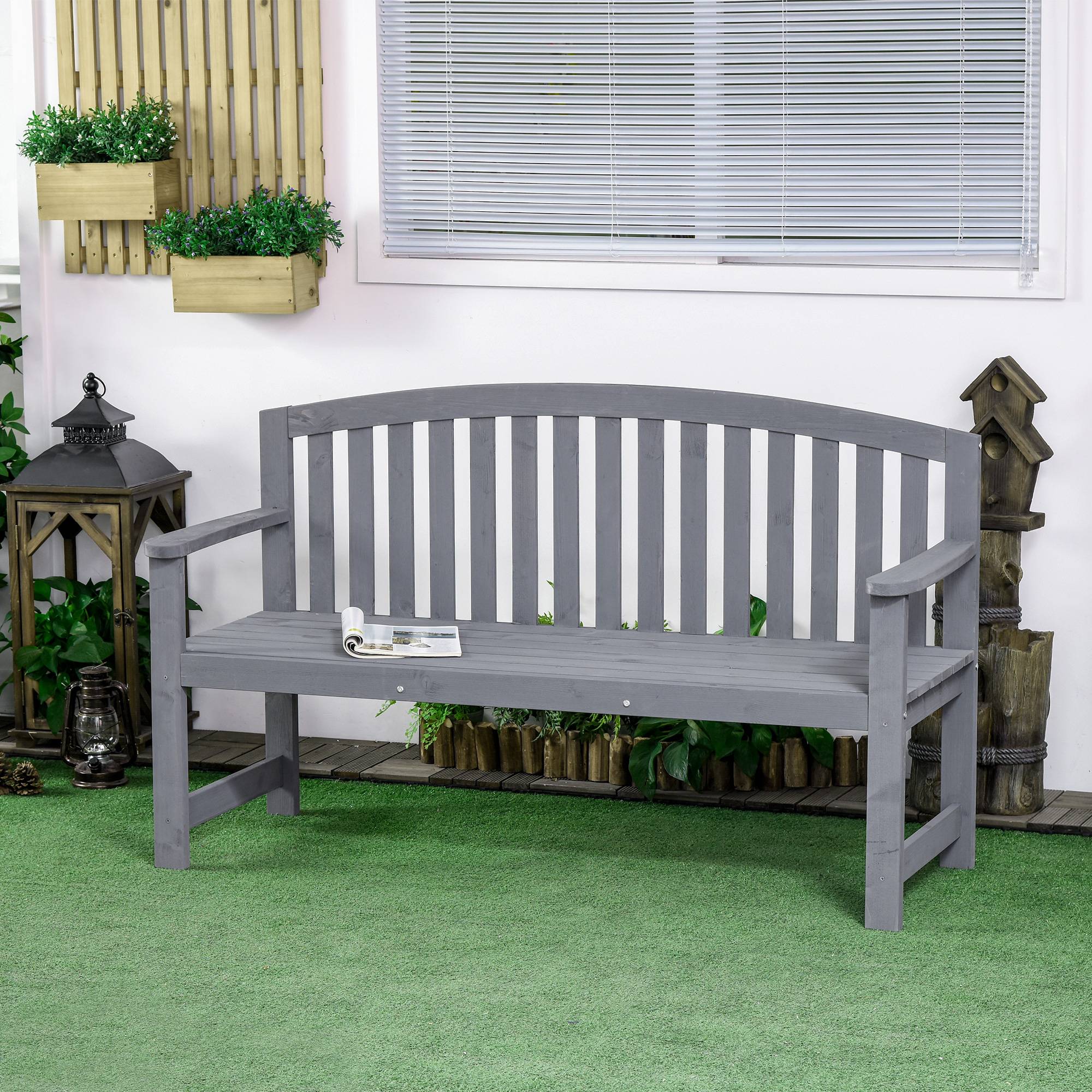 Banc de jardin 2 places en bois, résistant aux intempéries, avec dossier, charge maximale 240 kg, 143 x 51 x 85 cm, gris - Image 3