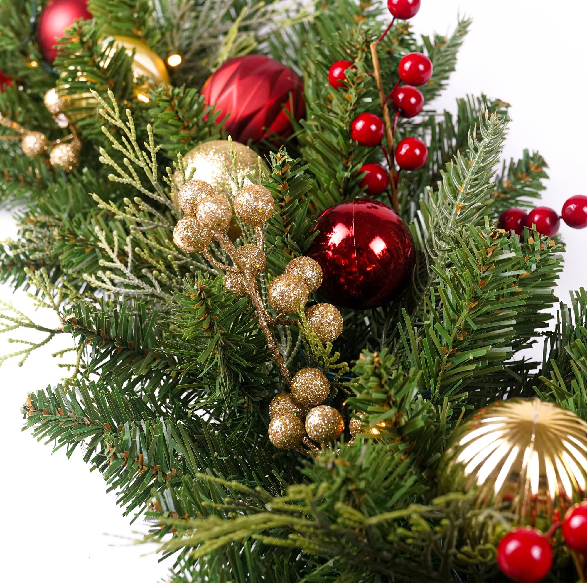 Couronne de Noël de 1,8 m avec boules de Noël et baies rouges, couronne de Noël artificielle, adaptée escaliers et cheminées intérieurs et extérieurs - Image 5