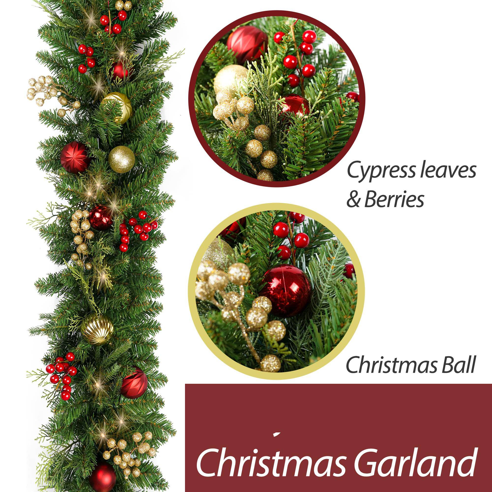 Couronne de Noël de 1,8 m avec boules de Noël et baies rouges, couronne de Noël artificielle, adaptée escaliers et cheminées intérieurs et extérieurs - Image 2