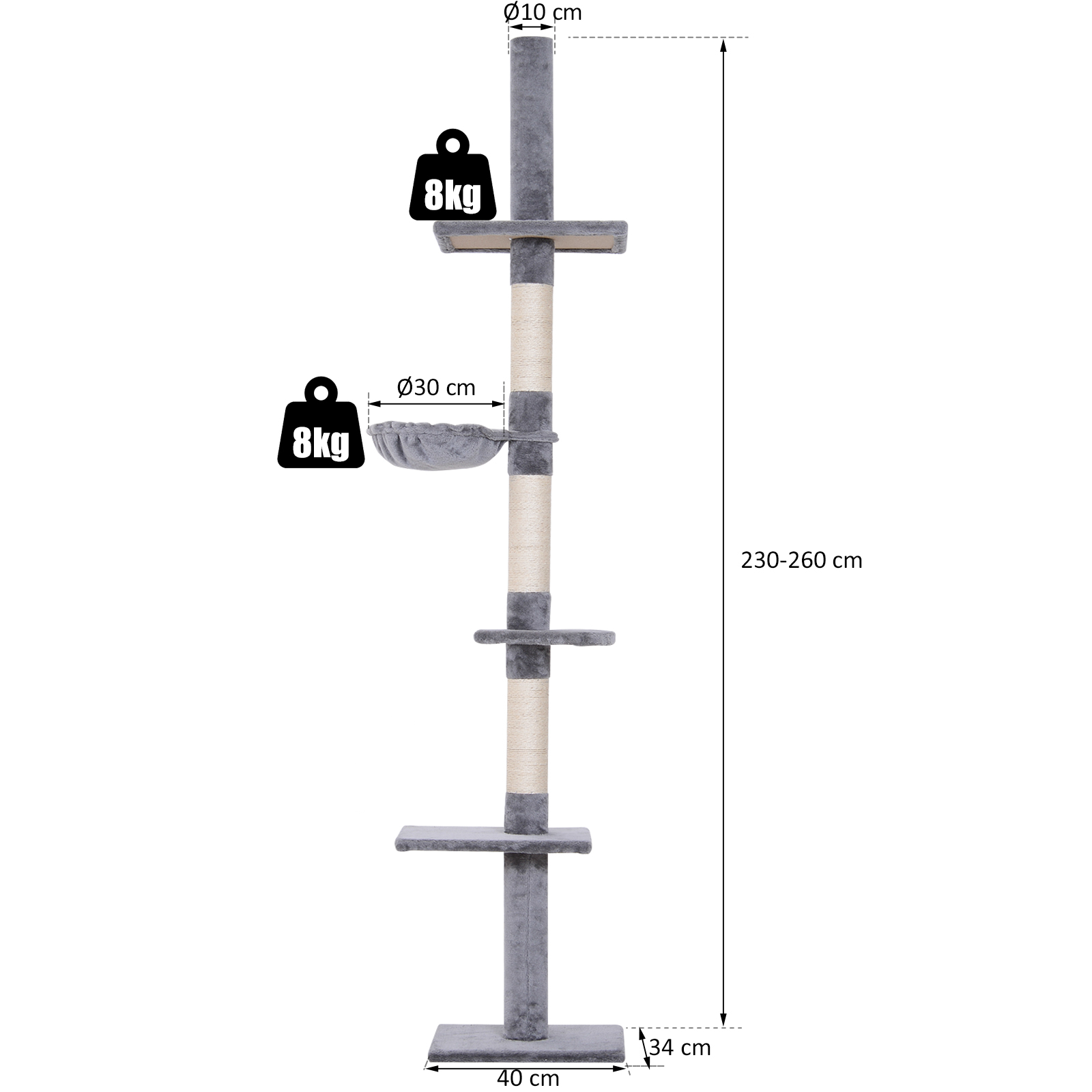 Arbre à chat plafond sisal et peluche gris 40 x 34 x 260 cm - PANGIVO - Image 5