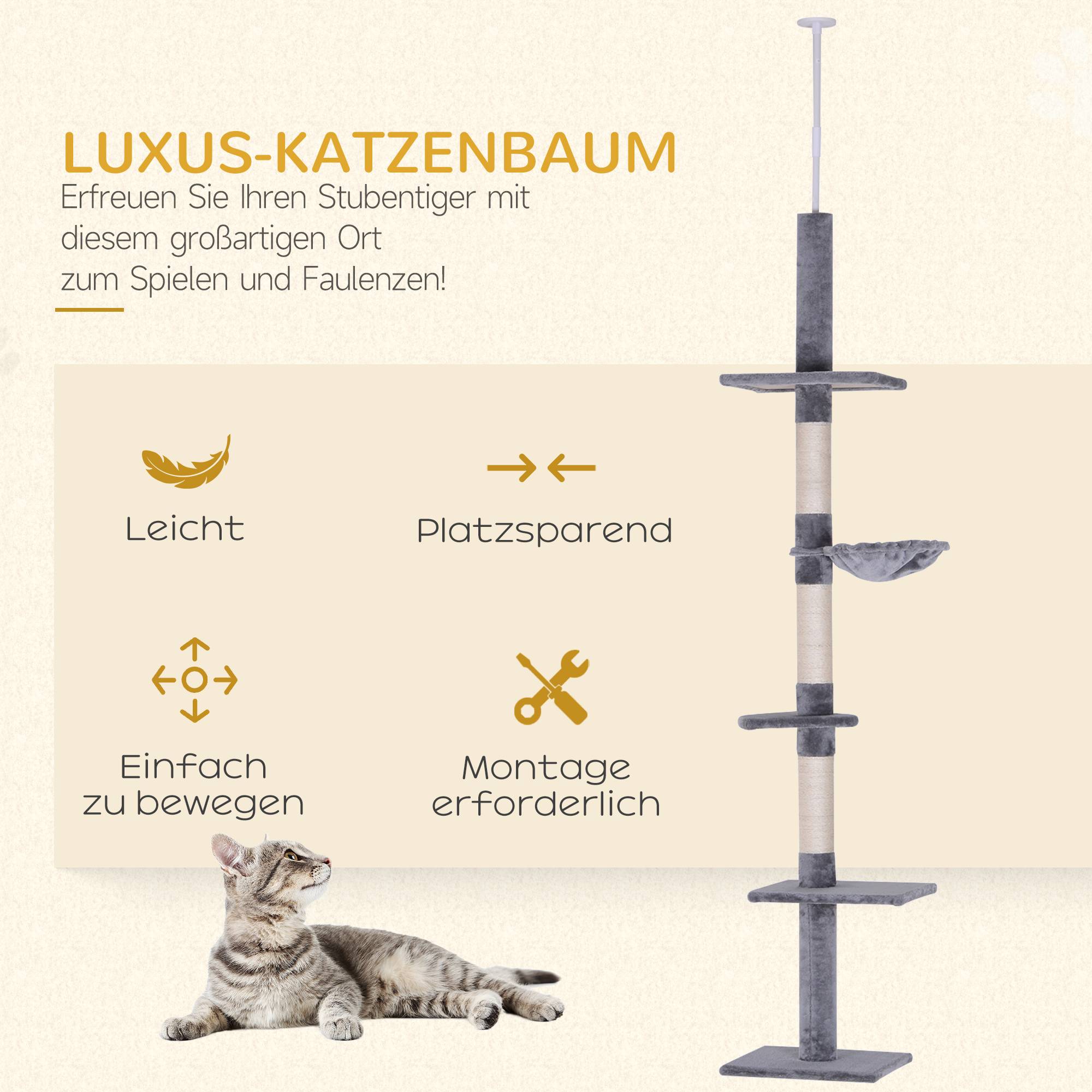 Arbre à chat plafond sisal et peluche gris 40 x 34 x 260 cm - PANGIVO - Image 6