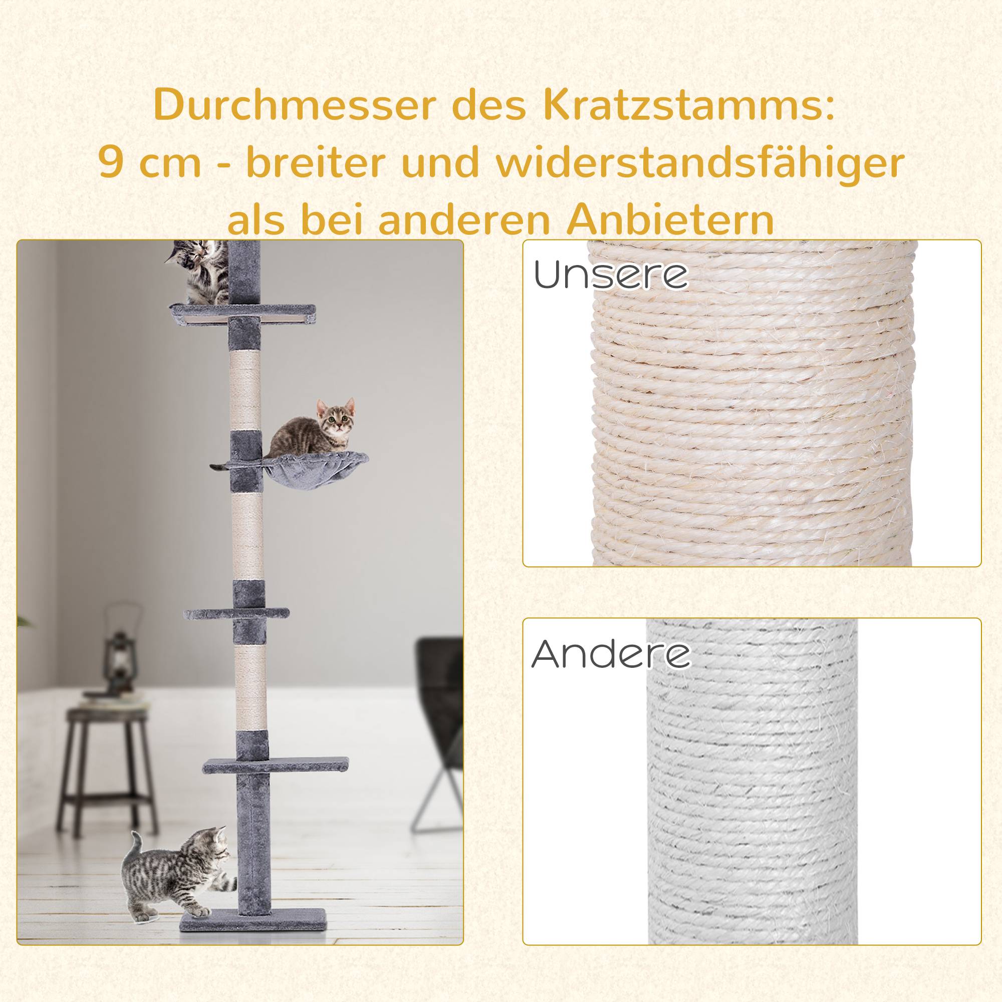 Arbre à chat plafond sisal et peluche gris 40 x 34 x 260 cm - PANGIVO - Image 10