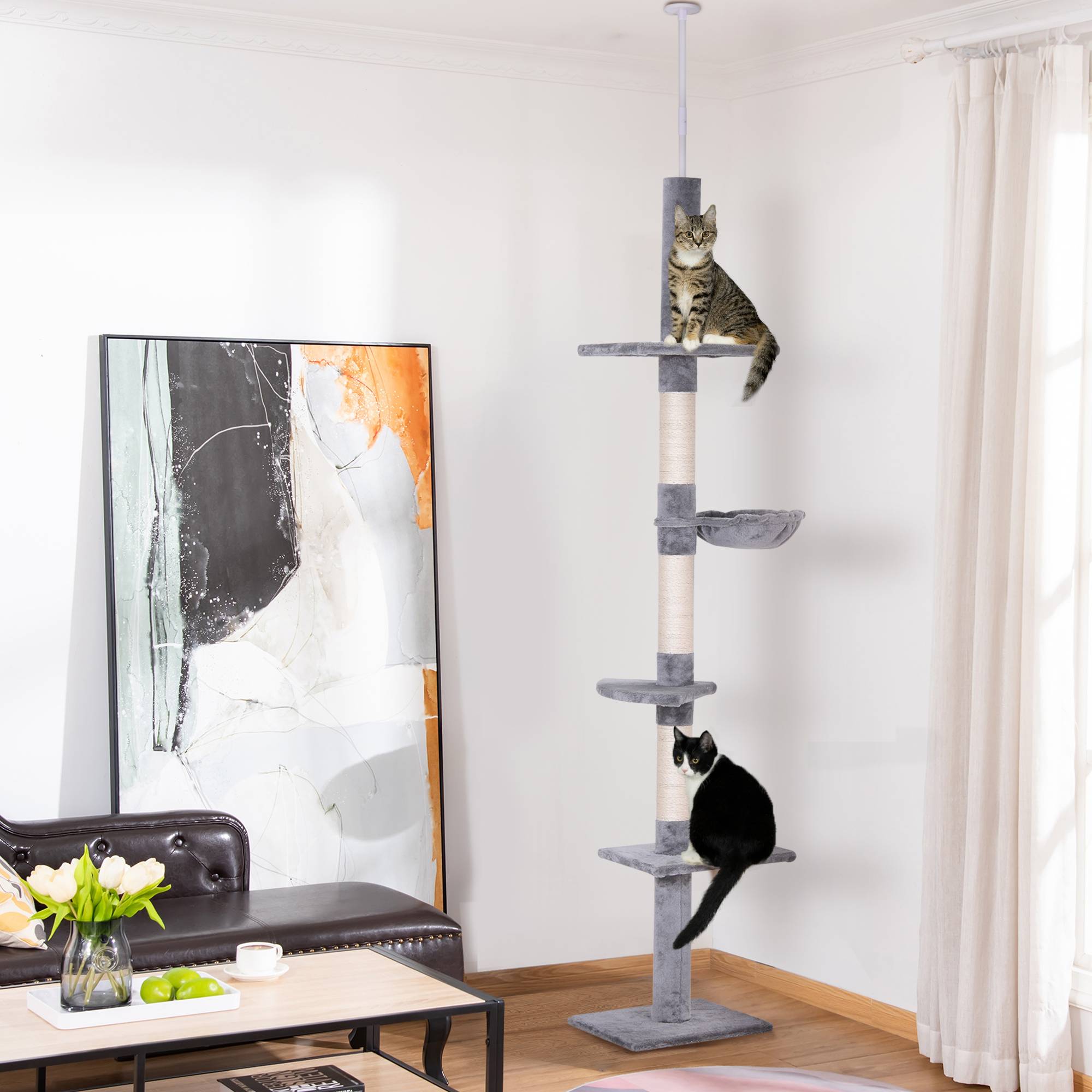 Arbre à chat plafond sisal et peluche gris 40 x 34 x 260 cm - PANGIVO - Image 3