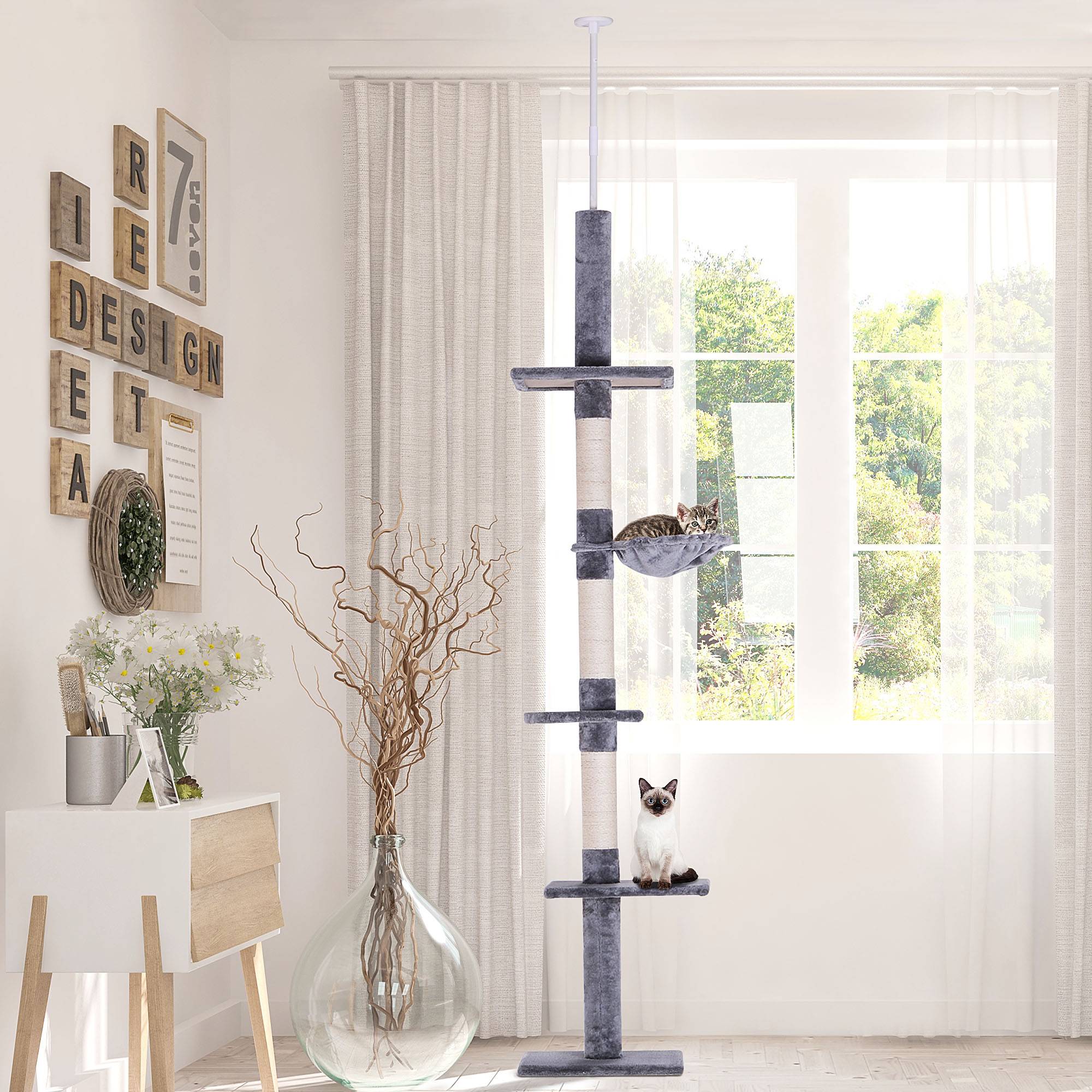 Arbre à chat plafond sisal et peluche gris 40 x 34 x 260 cm - PANGIVO - Image 4