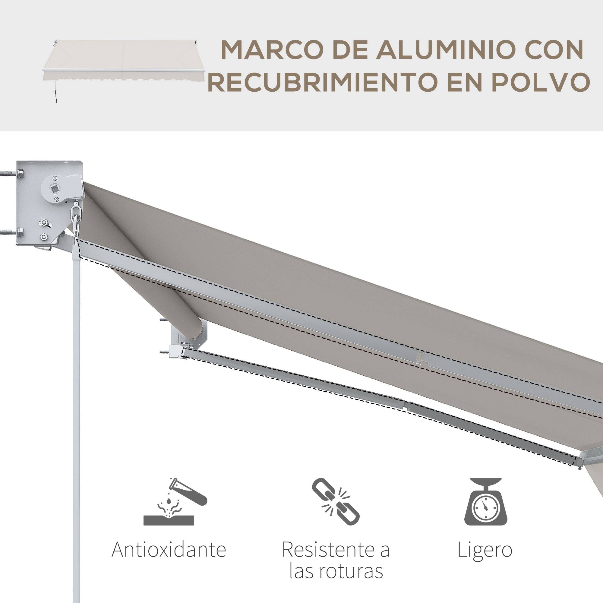 Store mural à ouverture manuelle, aluminium et polyester UV50+, pour usage extérieur, avec manivelle, 200 x 250 cm, blanc crème - Image 9