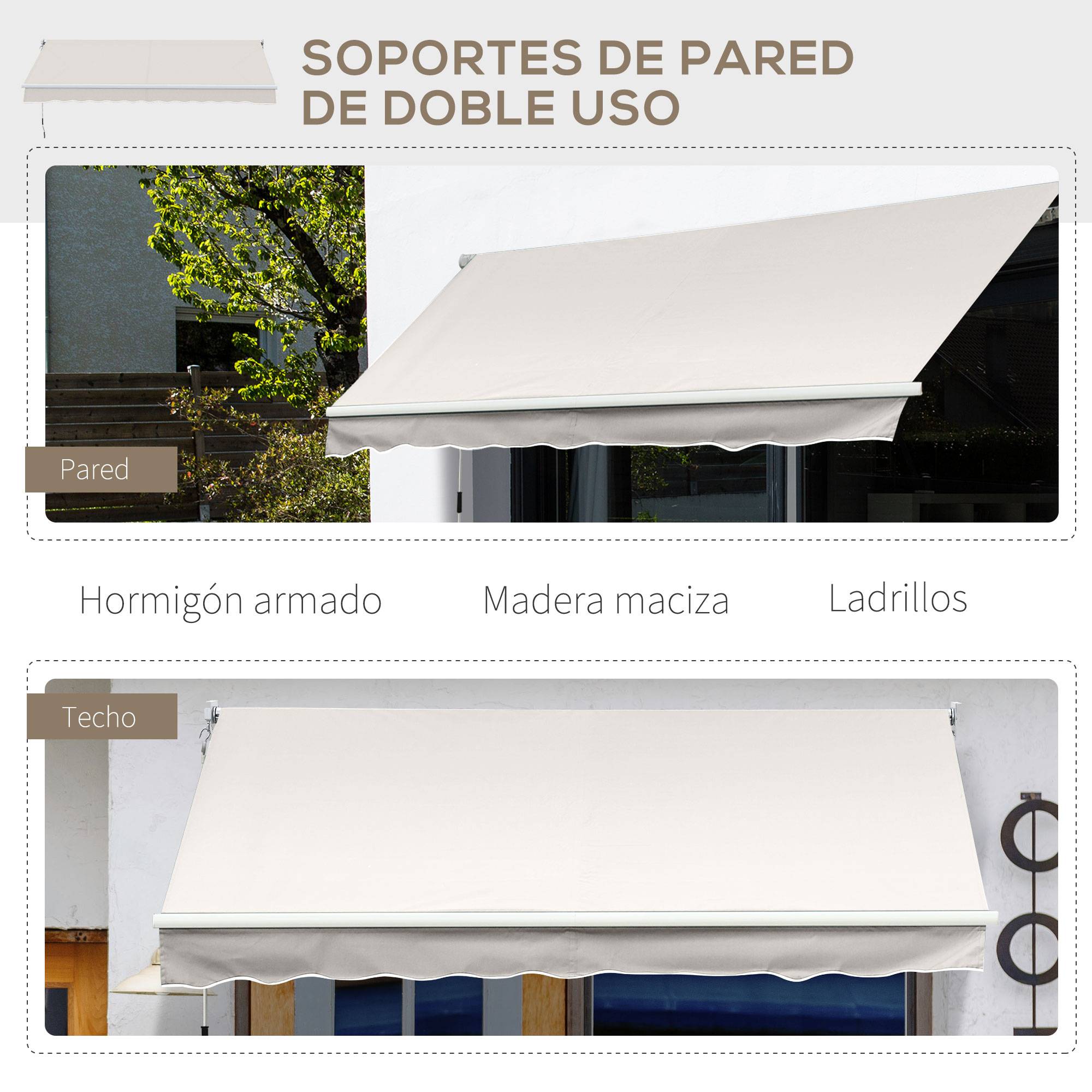Store mural à ouverture manuelle, aluminium et polyester UV50+, pour usage extérieur, avec manivelle, 200 x 250 cm, blanc crème - Image 8