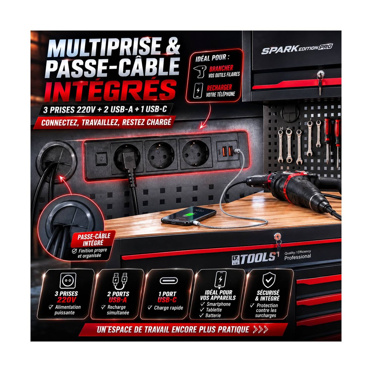 Etabli Servante d'Atelier Garage BM TOOLS SPARK EDITION PRO, 13 Tiroirs, 471 PCS, 2 étagères Verrouillable, Chariot Outillés - Image 6
