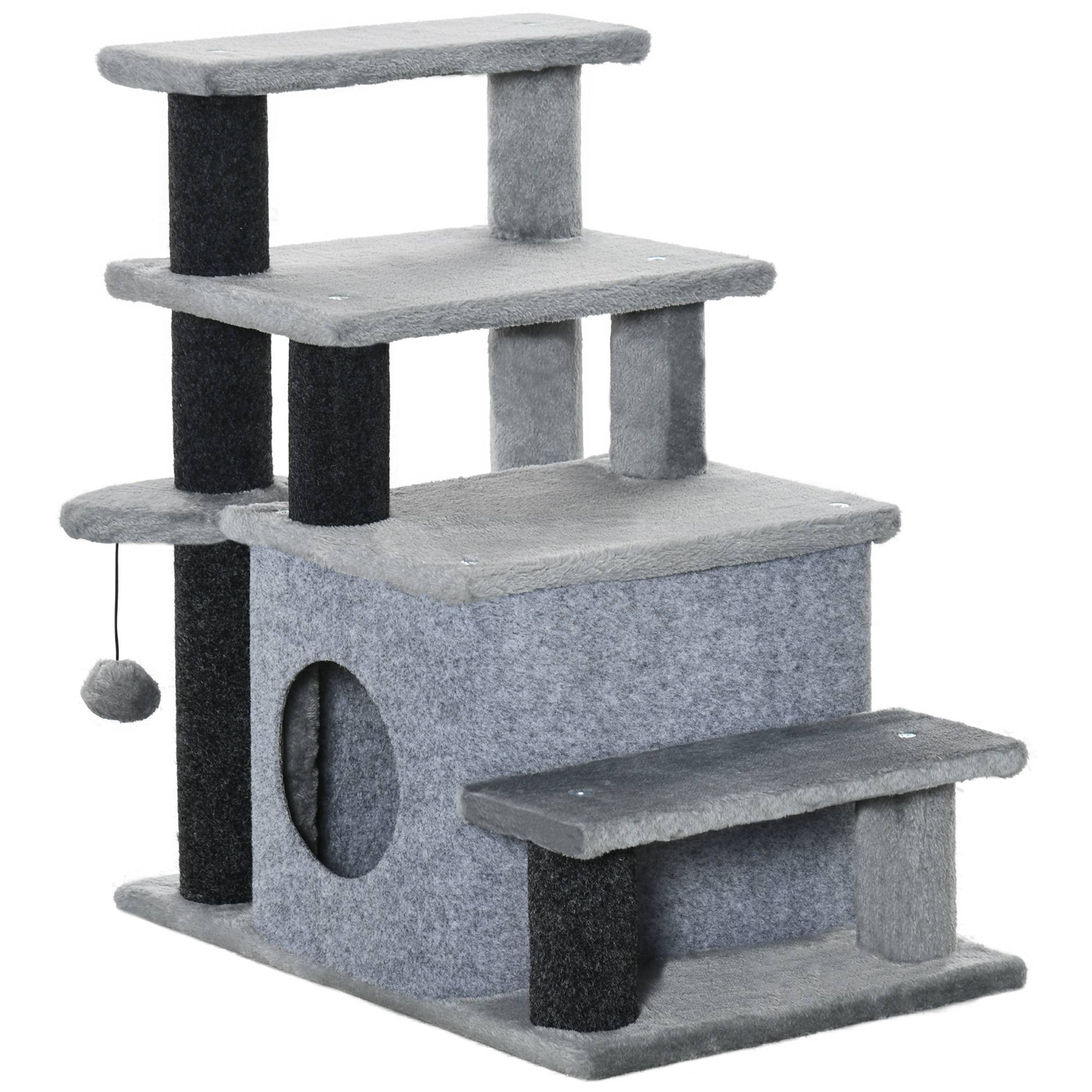 Arbre à chat, escalier animaux, 4 marches, balle, niche, réglable, noir+gris, 60x40x66cm - Image 2