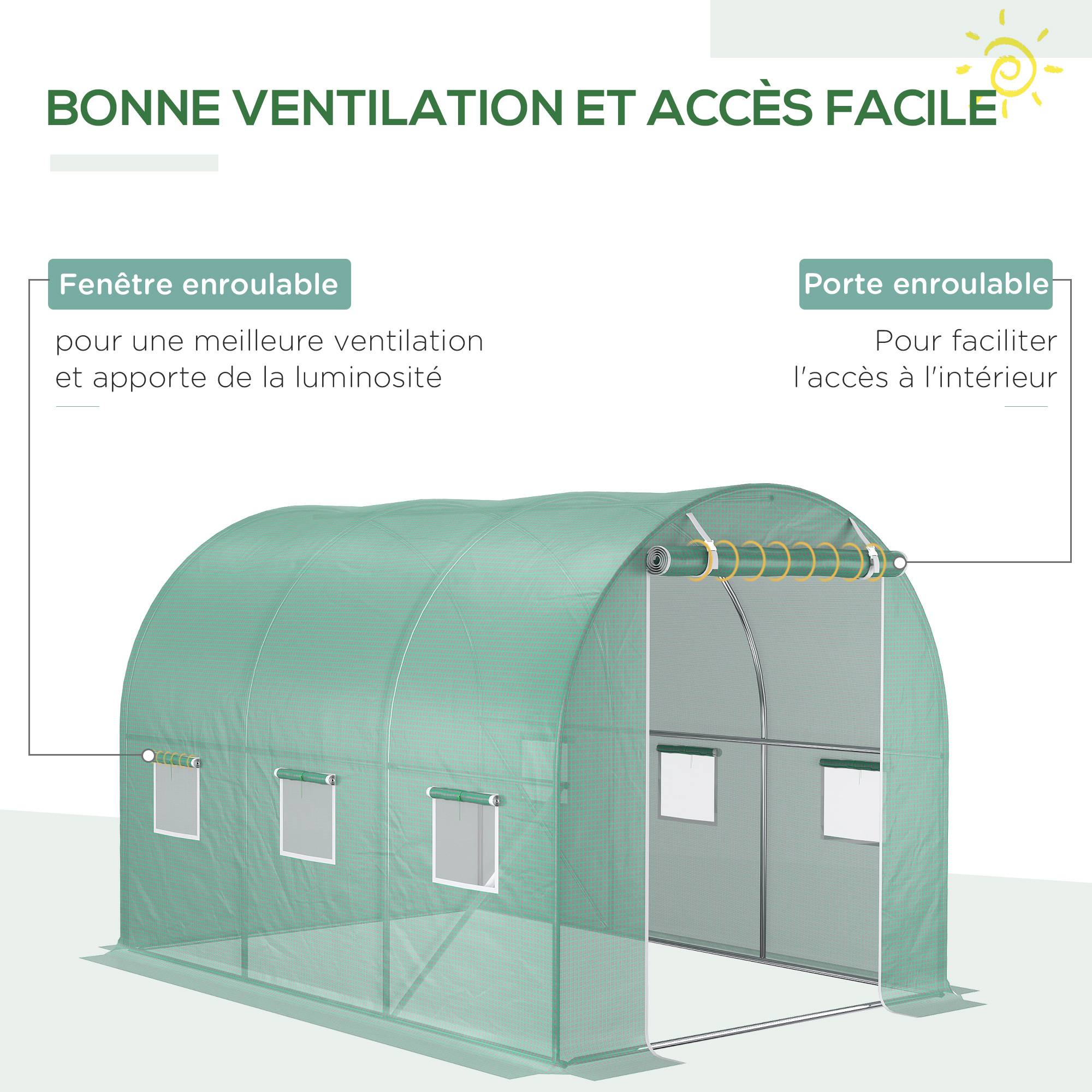 Outsunny - Bâche de rechange serre tunnel 6 m², bâche dim. 3L x 2l x 2H m PE anti-UV imperméable 6 fenêtres + porte enroulable zippée vert - Outsunny - Image 4