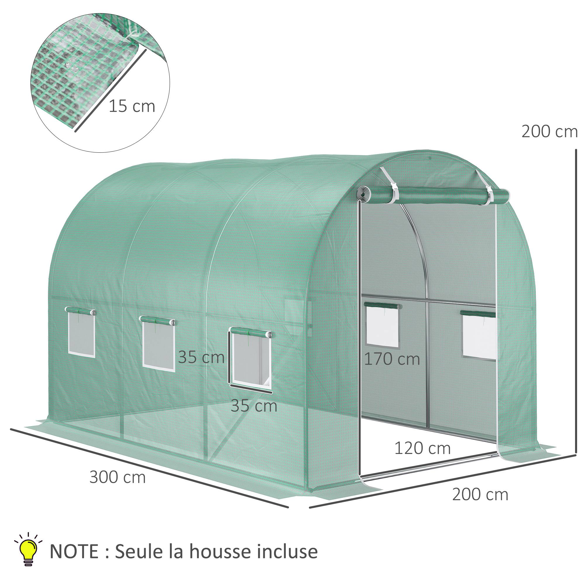 Outsunny - Bâche de rechange serre tunnel 6 m², bâche dim. 3L x 2l x 2H m PE anti-UV imperméable 6 fenêtres + porte enroulable zippée vert - Outsunny - Image 3