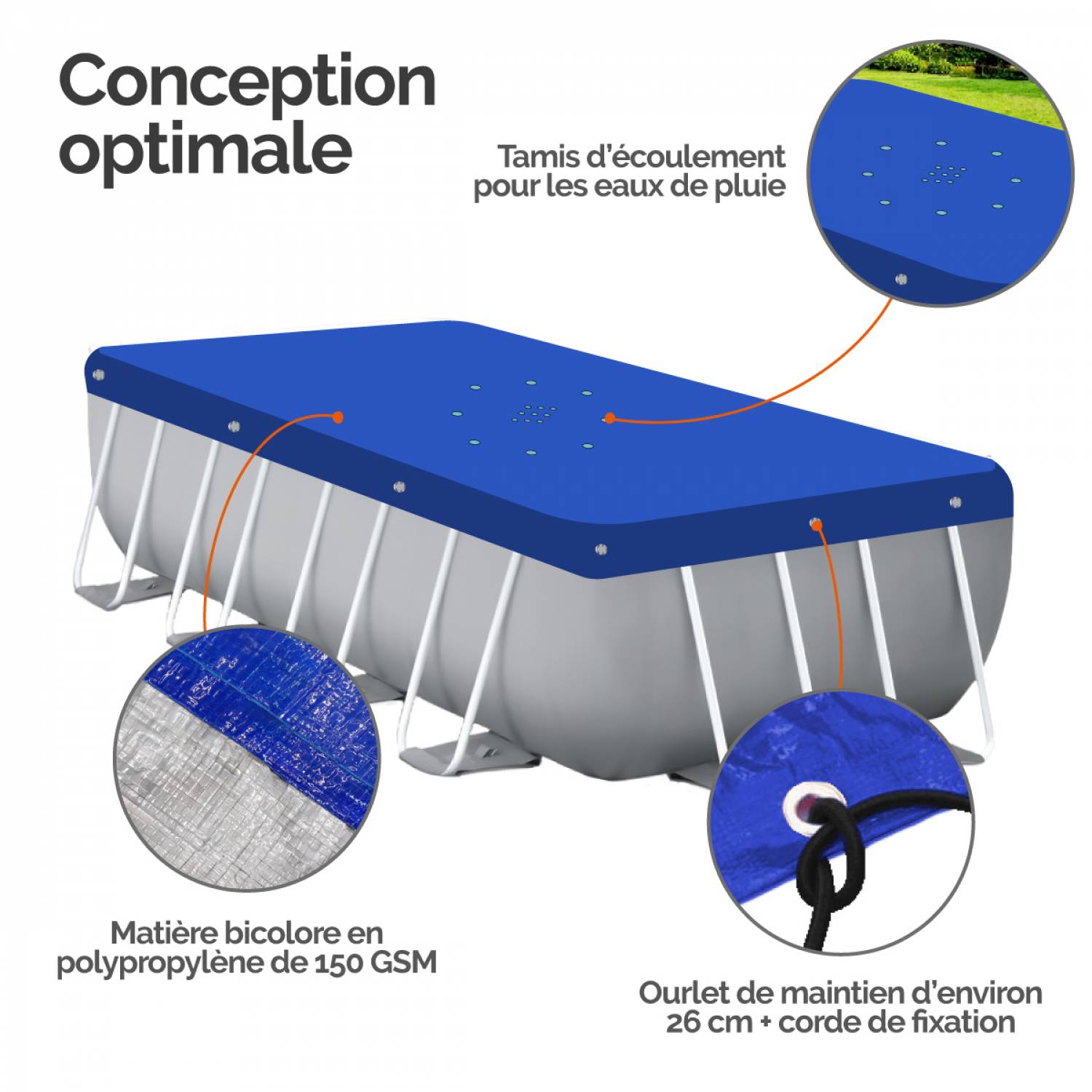 Linxor - Bâche de protection réversible 4 saisons pour piscine hors sol - Rectangle 2 x 3 m - 150 gsm - Bleu et gris - Linxor - Image 3