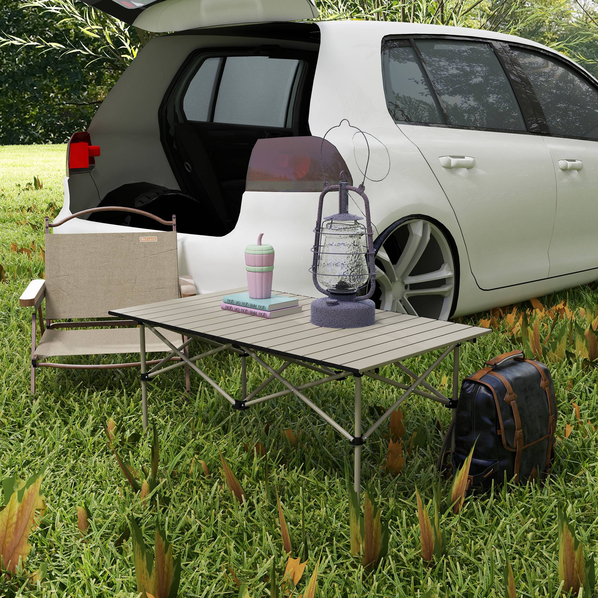 Table Camping Pliante Aluminium Extérieur Plateau Enroulable 95x55cm Kaki - ComfortXL Outdoor Living - Image 4