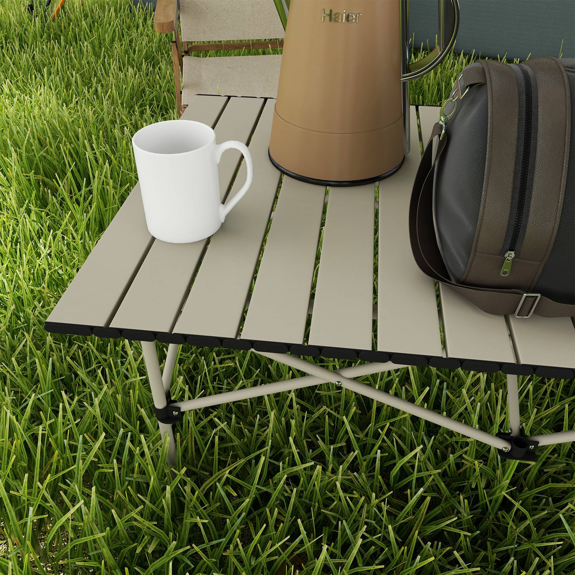 Table Camping Pliante Aluminium Extérieur Plateau Enroulable 95x55cm Kaki - ComfortXL Outdoor Living - Image 9