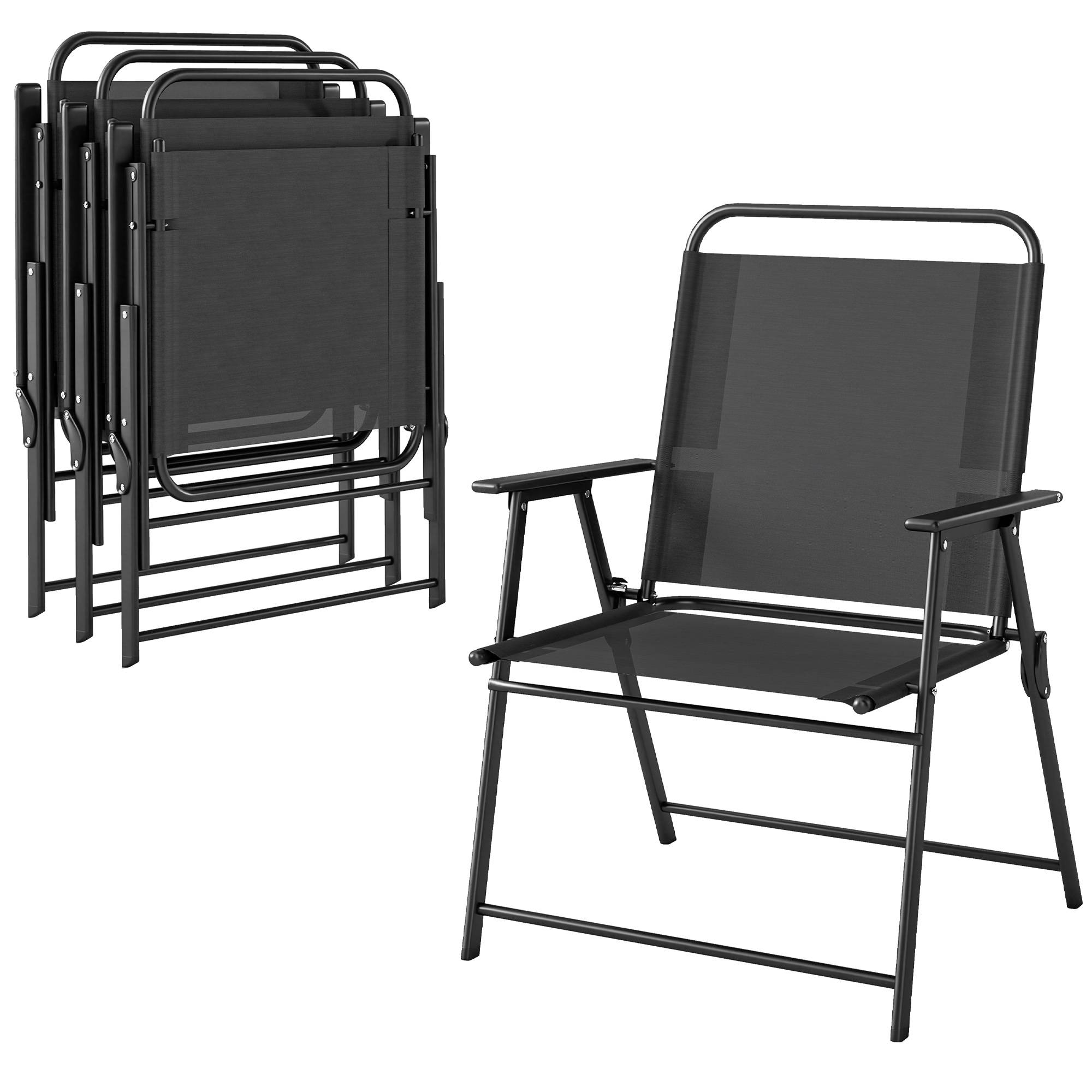 Lot de 4 chaises de camping pliantes avec dossier haut, assise large et accoudoirs, en tissu textilène respirant, noires