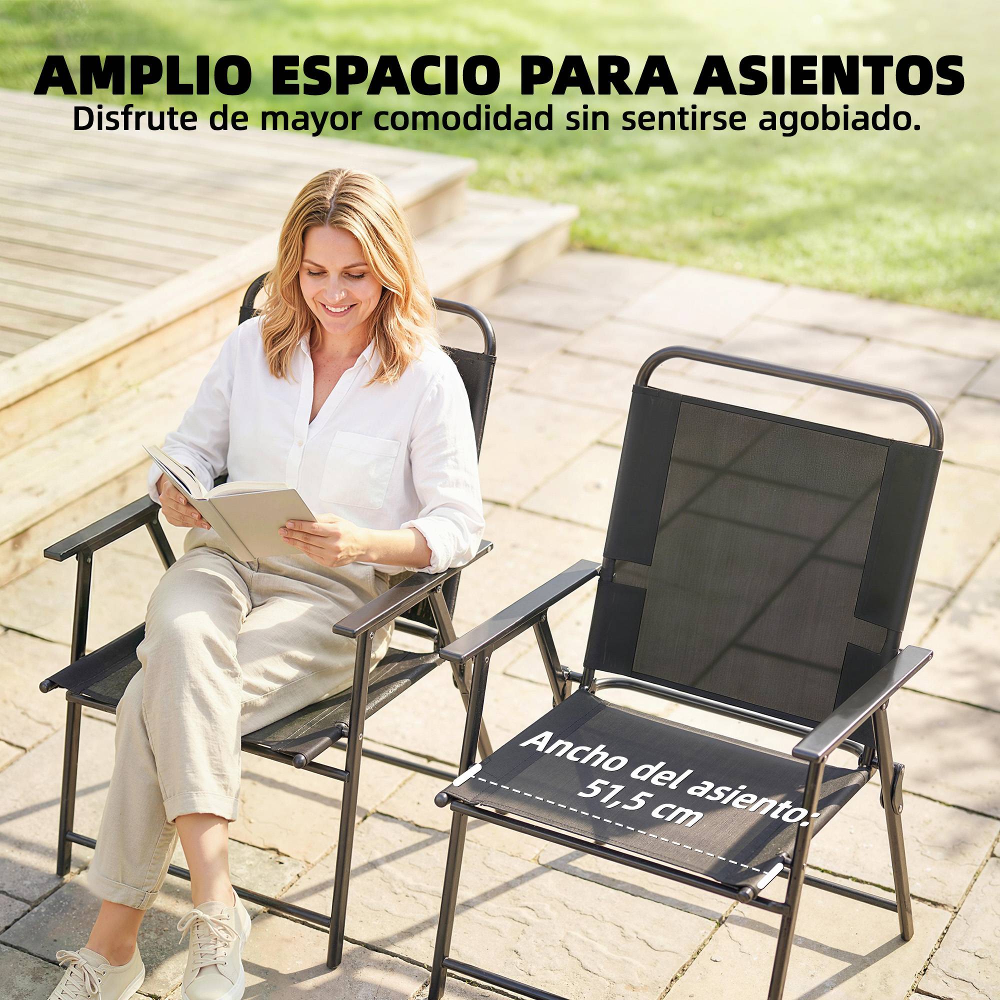 Lot de 4 chaises de camping pliantes avec dossier haut, assise large et accoudoirs, en tissu textilène respirant, noires - Image 7
