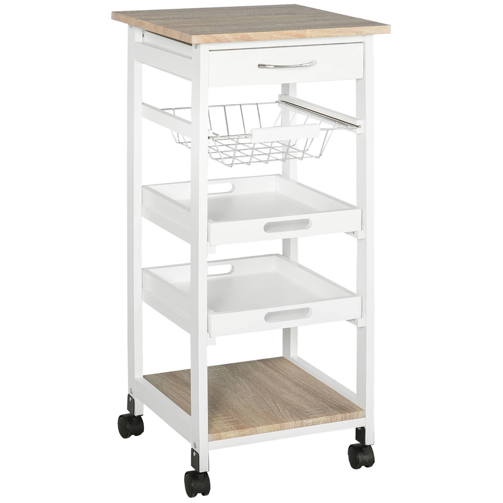 Chariot de service desserte de cuisine à roulettes panier + 2 plateaux amovibles, tiroir, étagère MDF chêne clair bois pin blanc - Image 1