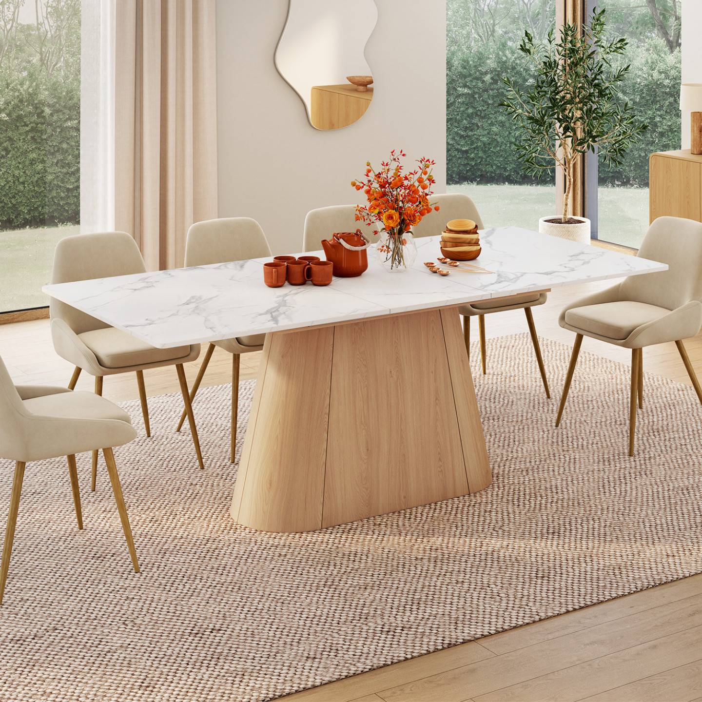 IDMARKET - Table à manger extensible rectangle RHONDA 6-10 personnes plateau marbre blanc ALASKA et bois façon hêtre 160-200 cm - Image 1
