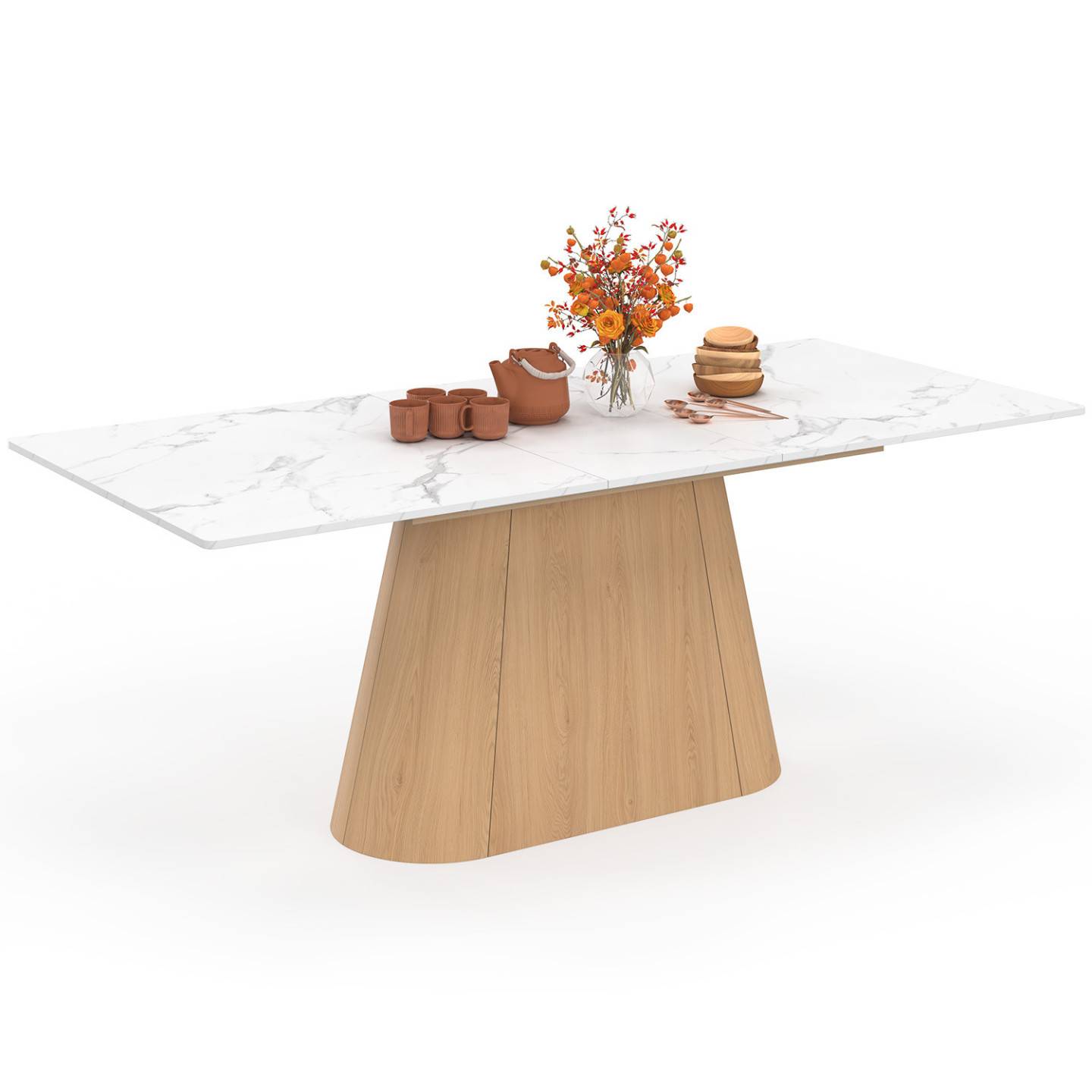 IDMARKET - Table à manger extensible rectangle RHONDA 6-10 personnes plateau marbre blanc ALASKA et bois façon hêtre 160-200 cm - Image 2