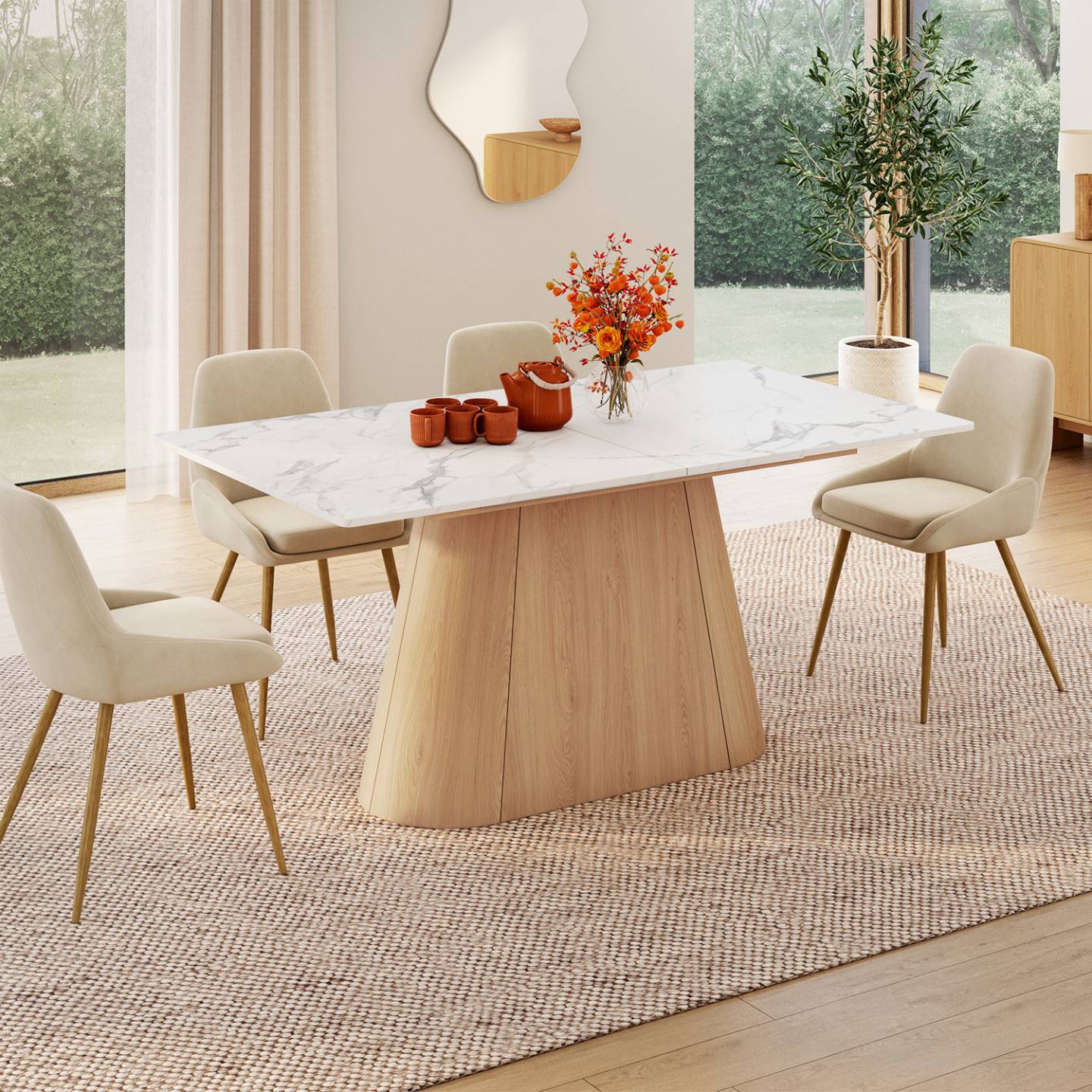 IDMARKET - Table à manger extensible rectangle RHONDA 6-10 personnes plateau marbre blanc ALASKA et bois façon hêtre 160-200 cm - Image 4