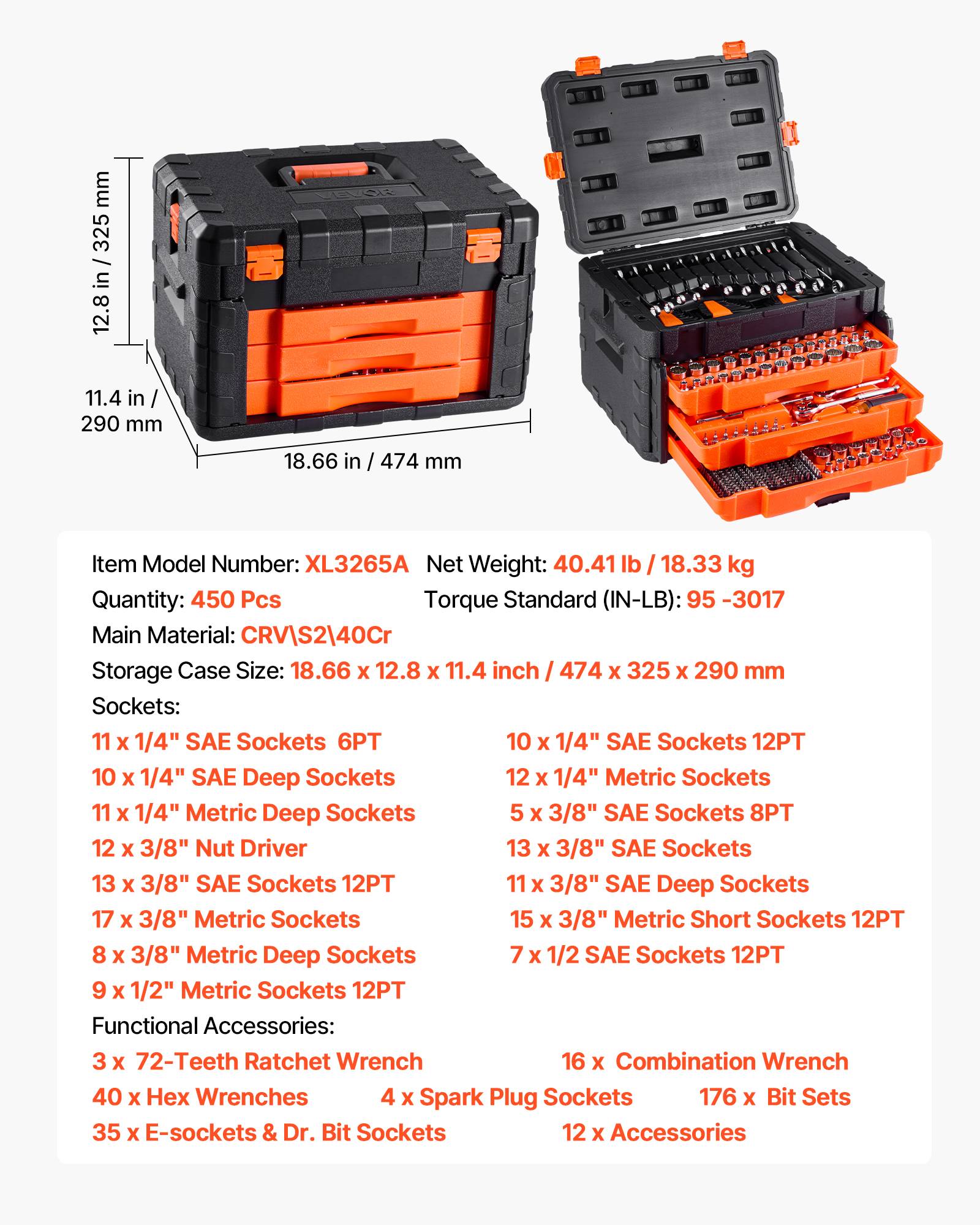 Vevor - VEVOR Coffret mécanic 450 pièces, douilles SAE et métriques, cliquet 72 dents, embouts et accessoires, mallette PE-HD, acier CR-V. - Image 6
