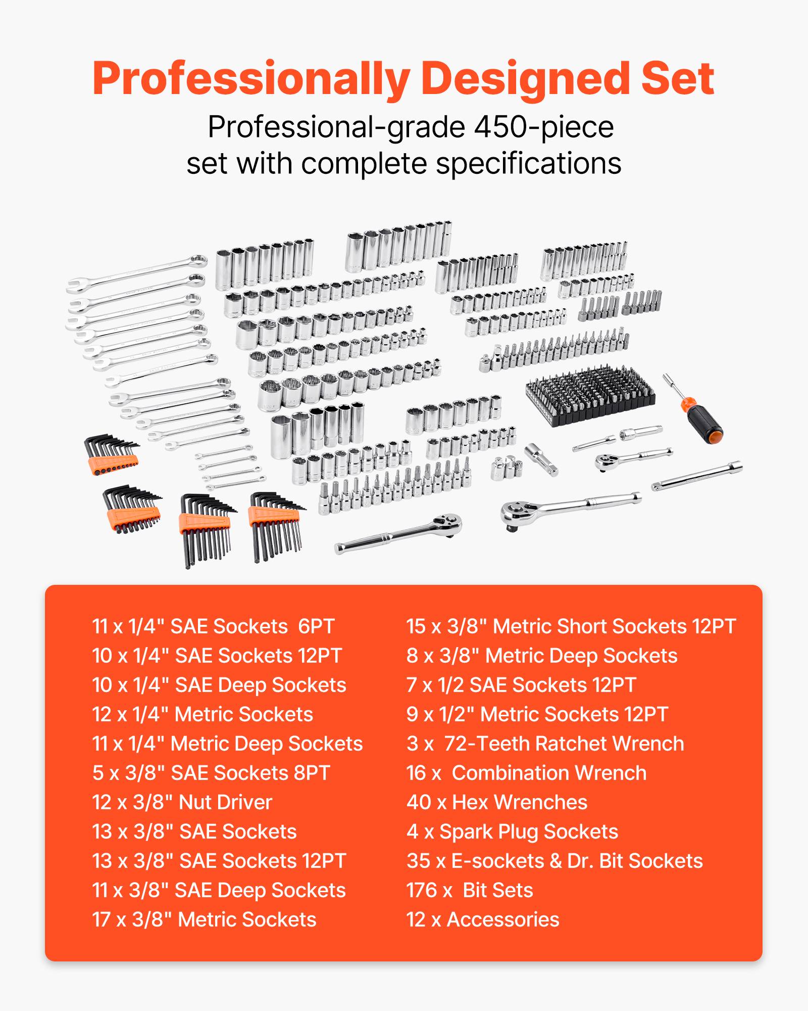Vevor - VEVOR Coffret mécanic 450 pièces, douilles SAE et métriques, cliquet 72 dents, embouts et accessoires, mallette PE-HD, acier CR-V. - Image 3