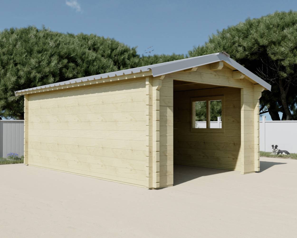 Habrita - Garage madriers - 80 mm - Surface extérieure 25,83 m2 - Couverture Bardeaux verriers bitumés - Porte de garage battante en bois - Image 1