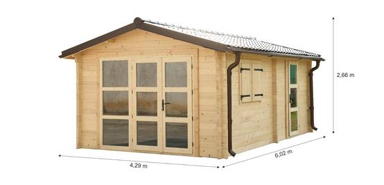 Habrita - Garage madriers - 80 mm - Surface extérieure 25,83 m2 - Couverture Bardeaux verriers bitumés - Porte de garage battante en bois - Image 2
