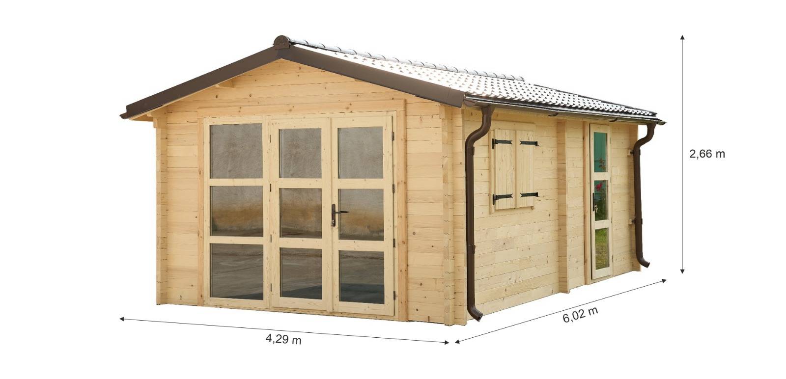 Habrita - Garage madriers - 80 mm - Surface extérieure 25,83 m2 - Couverture Bardeaux verriers bitumés - Porte de garage battante en bois - Image 2