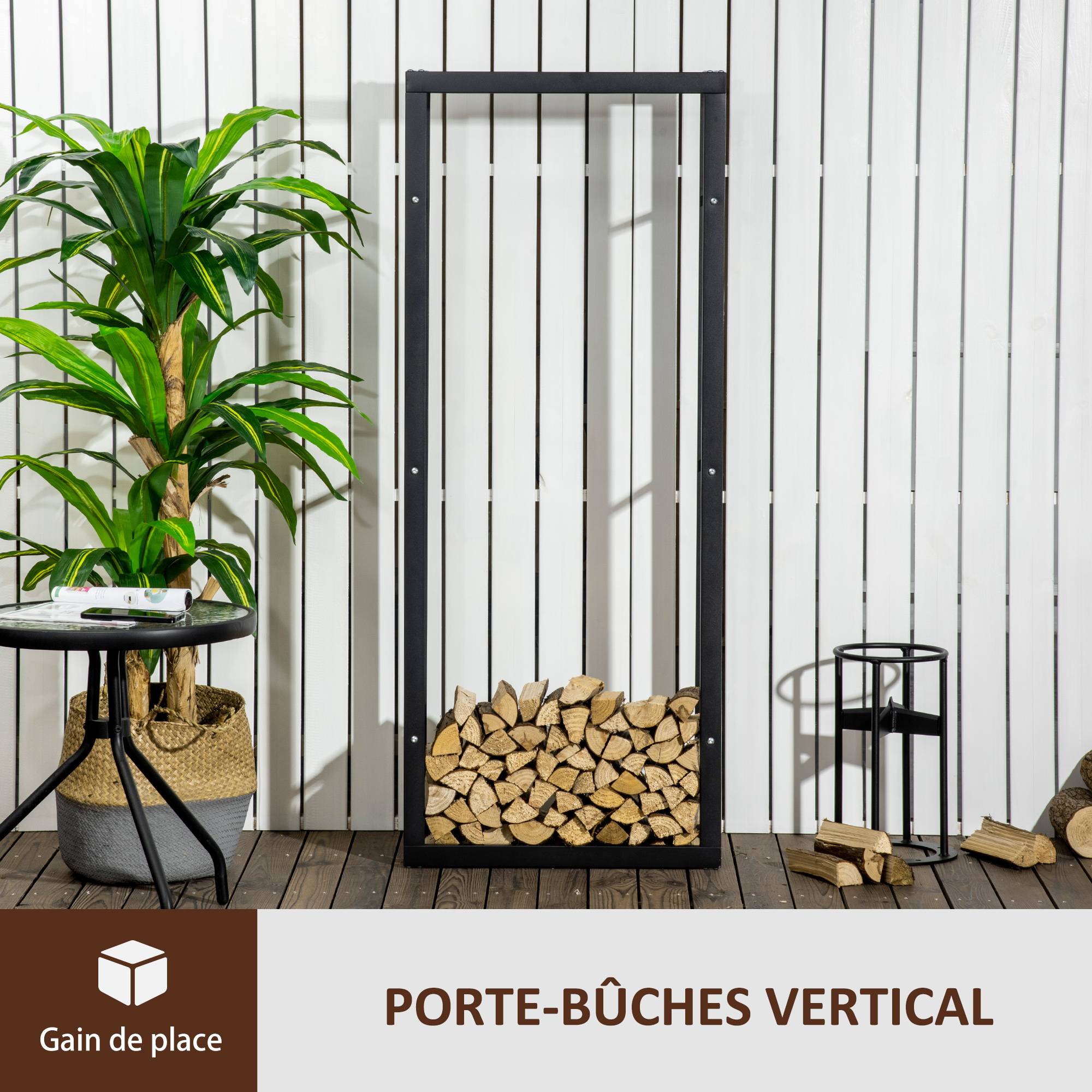 Range bûches Etagère porte bois de cheminée porte-bûches intérieur et extérieur charge max. 100 Kg dim. 60L x 25l x 150H cm métal noir - Image 6