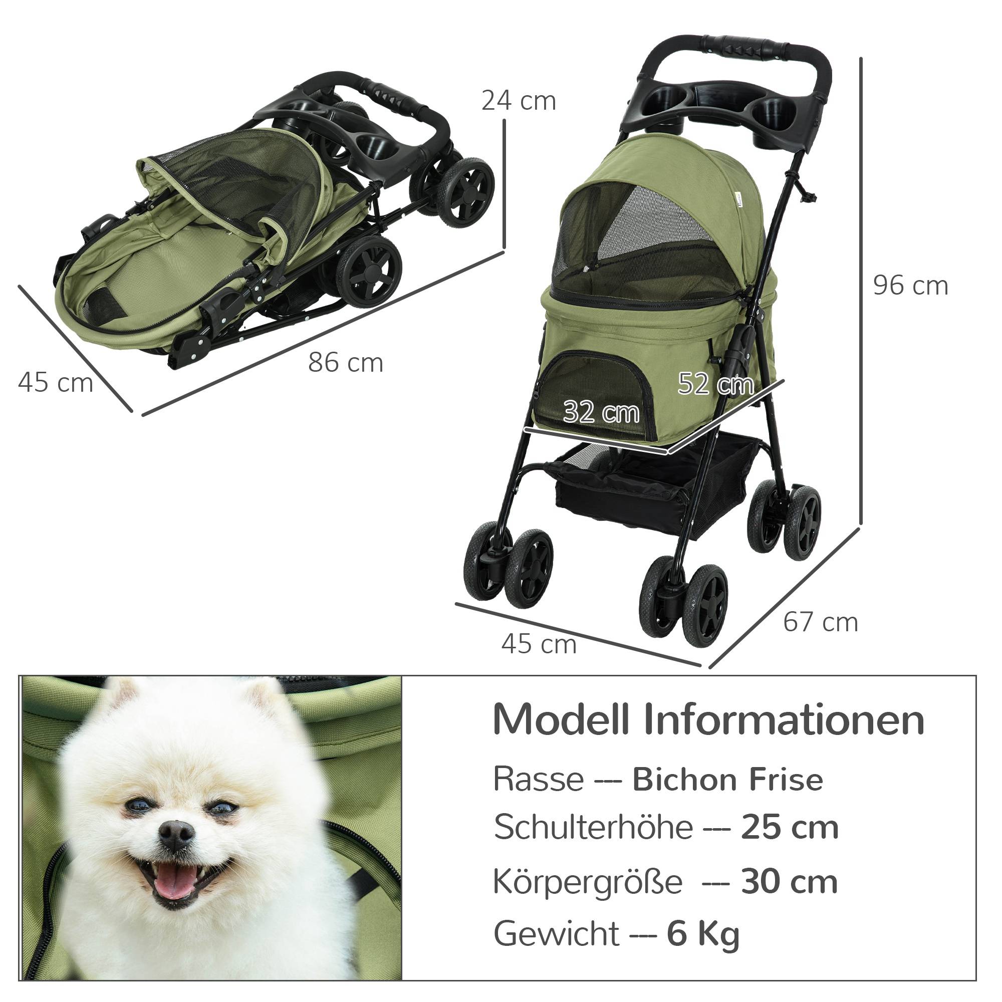 Poussette pour chien pliable, avec 2 laisses de sécurité et 2 porte-gobelets, 67 x 45 x 96 cm, kaki - Image 5