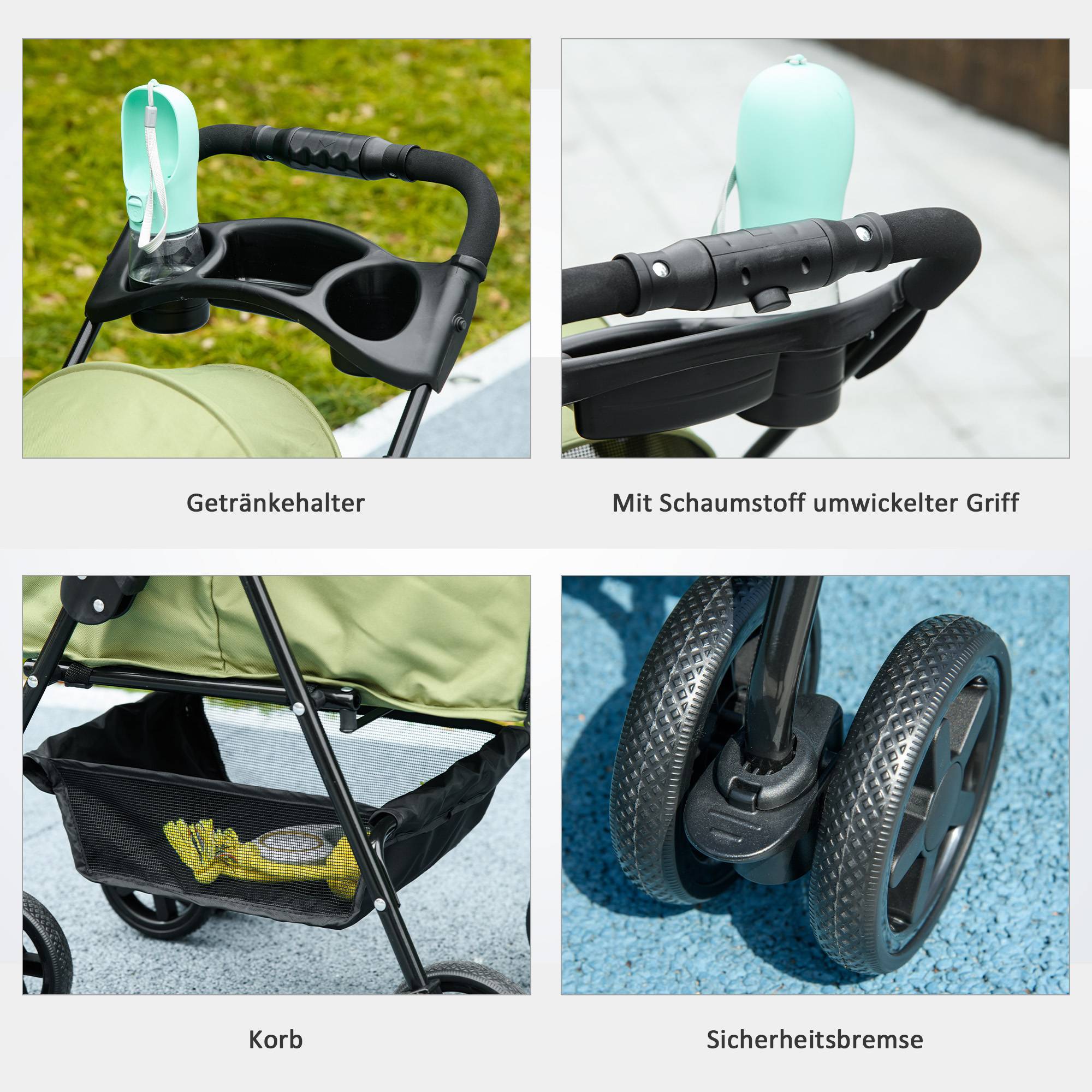 Poussette pour chien pliable, avec 2 laisses de sécurité et 2 porte-gobelets, 67 x 45 x 96 cm, kaki - Image 9