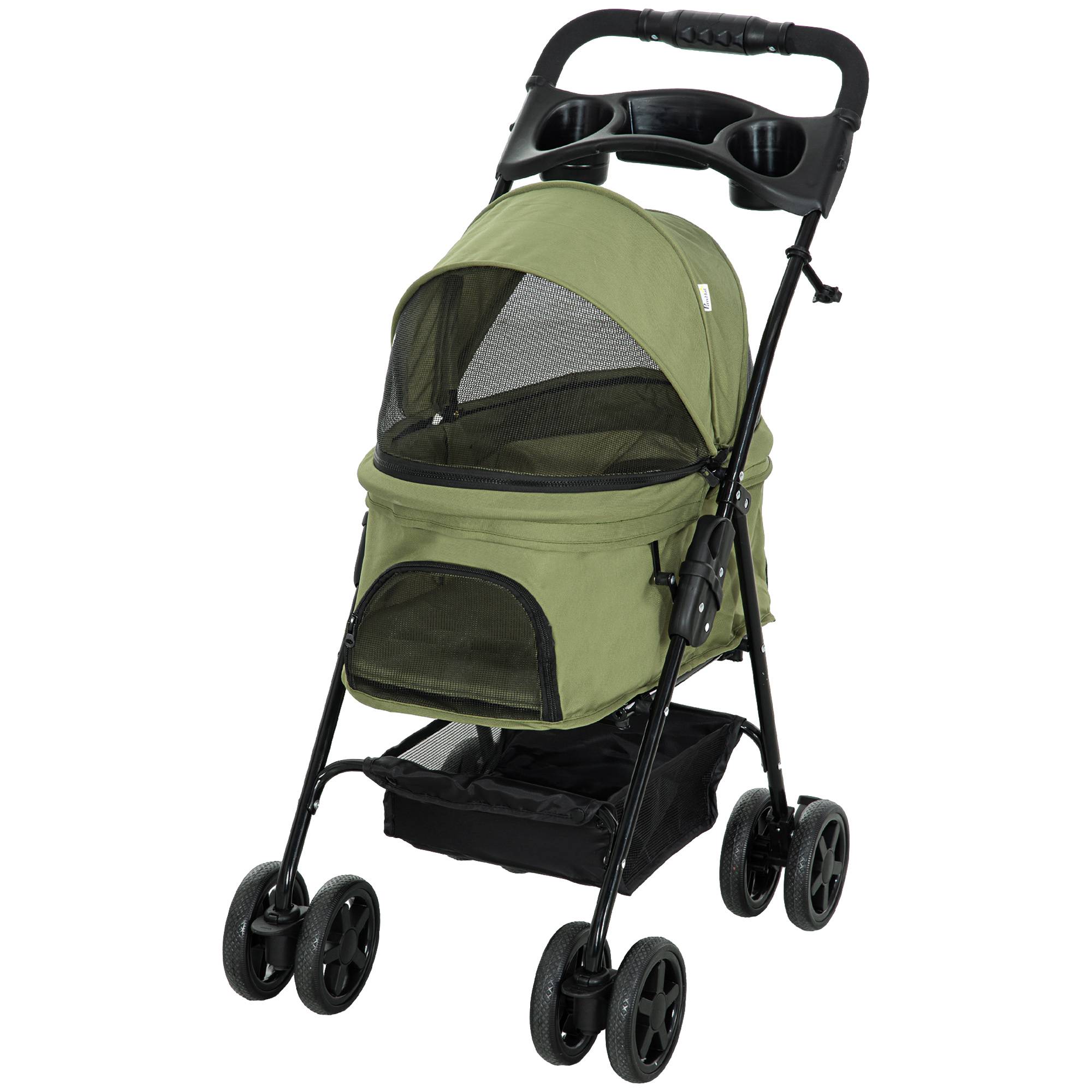 Poussette pour chien pliable, avec 2 laisses de sécurité et 2 porte-gobelets, 67 x 45 x 96 cm, kaki - Image 2