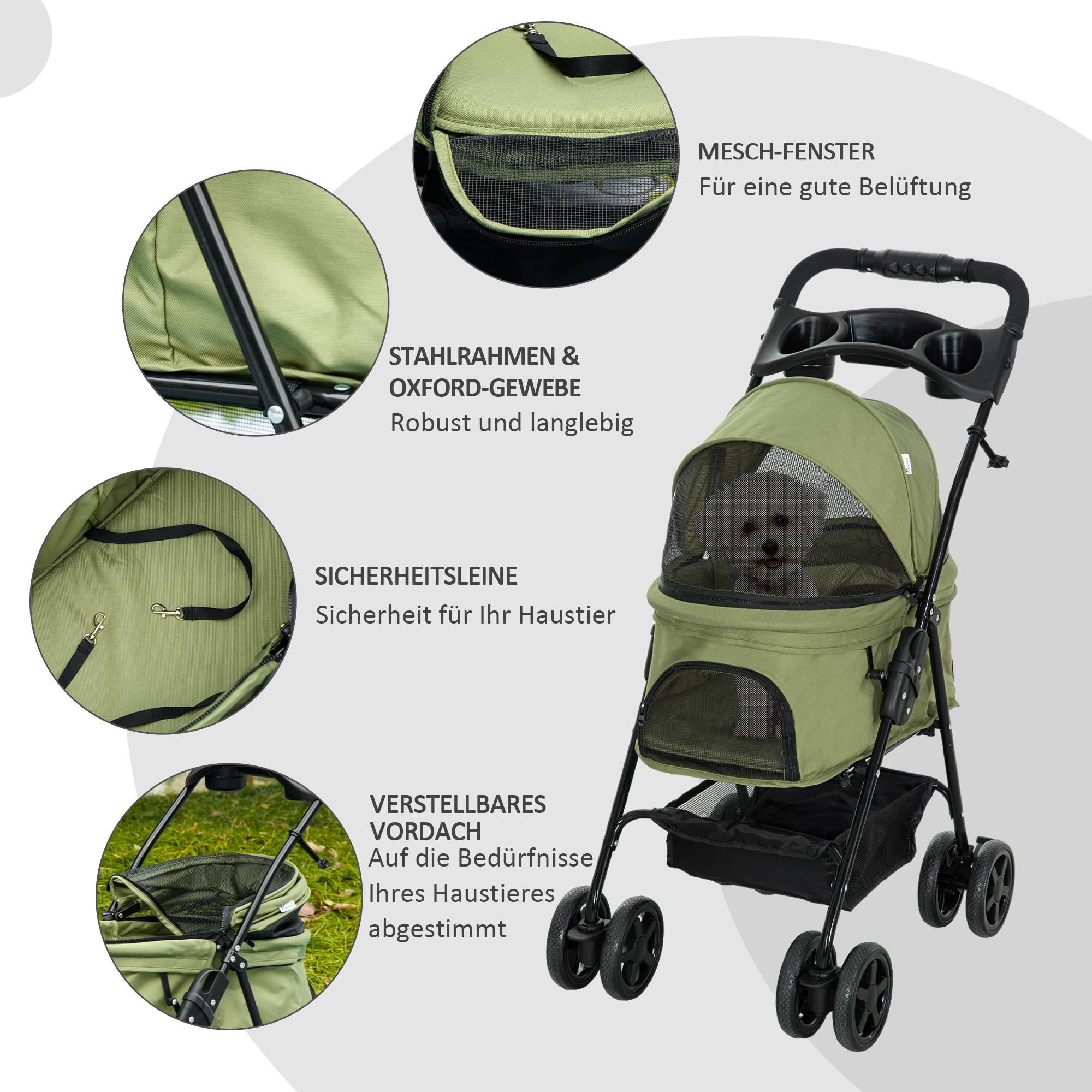 Poussette pour chien pliable, avec 2 laisses de sécurité et 2 porte-gobelets, 67 x 45 x 96 cm, kaki - Image 8