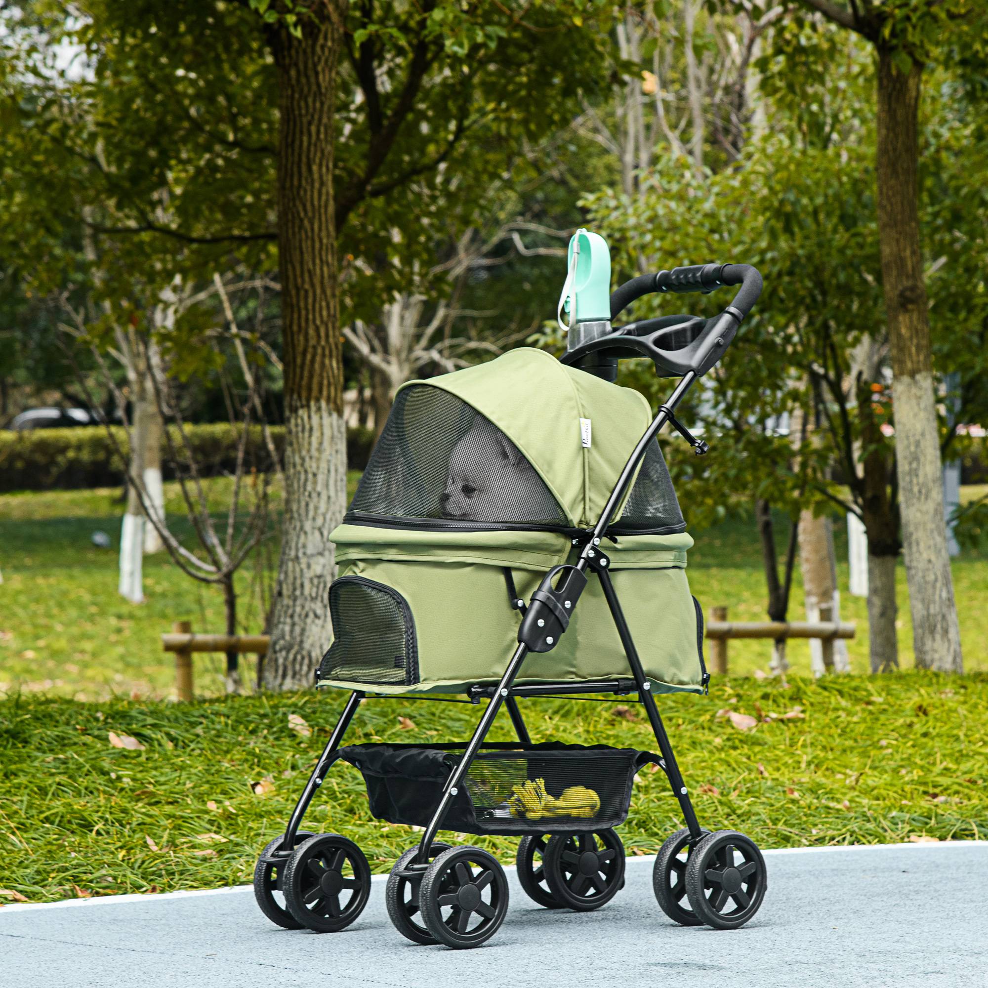Poussette pour chien pliable, avec 2 laisses de sécurité et 2 porte-gobelets, 67 x 45 x 96 cm, kaki - Image 4