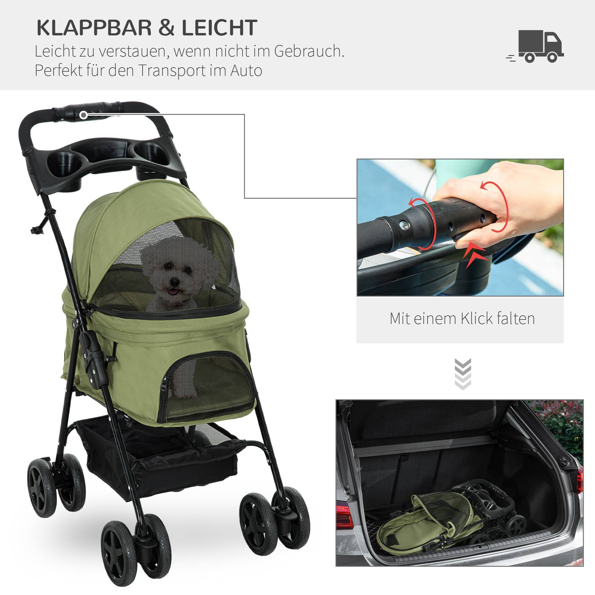 Poussette pour chien pliable, avec 2 laisses de sécurité et 2 porte-gobelets, 67 x 45 x 96 cm, kaki - Image 6