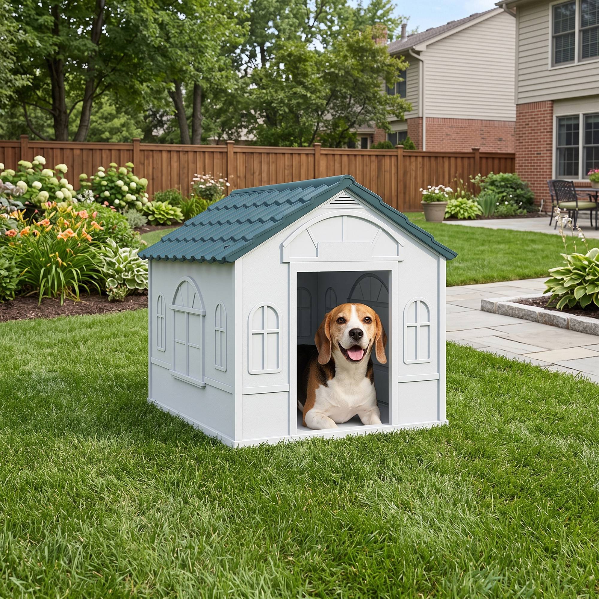 ComfortXL - Niche pour chien en plastique 65 x 75,7 x 63 cm bleue pour jardin terrasse toit incliné ventilé résistant - Image 8