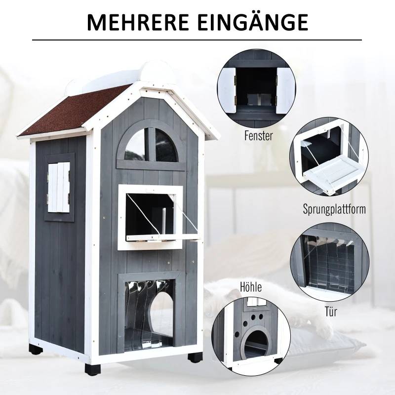 Maison pour chat, meuble polyvalent pour litière ou lit, bois de sapin, toit bitume, gris, 59×55×109cm - Image 8