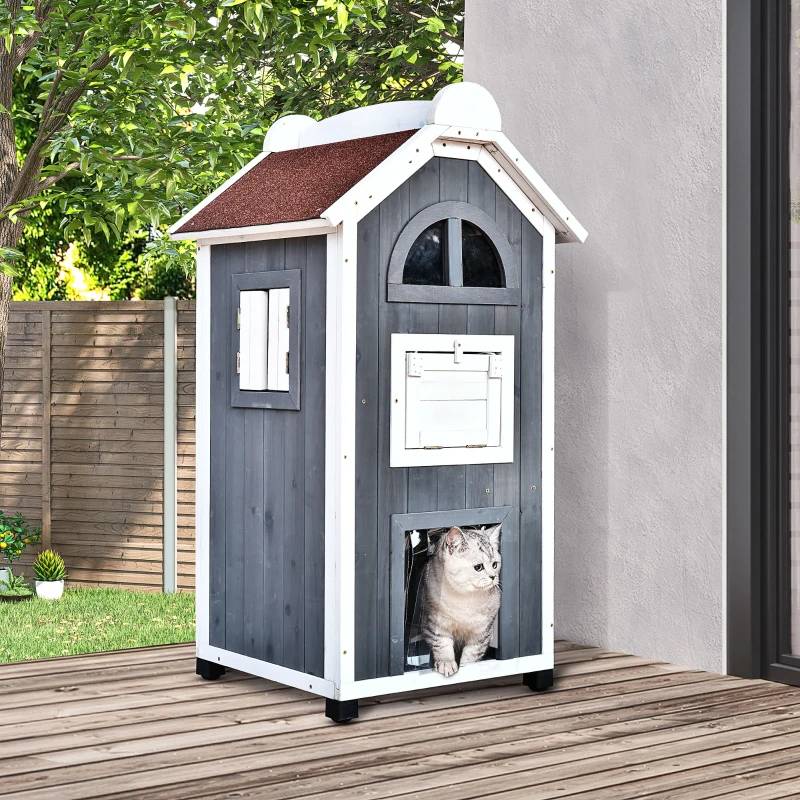 Maison pour chat, meuble polyvalent pour litière ou lit, bois de sapin, toit bitume, gris, 59×55×109cm - Image 1