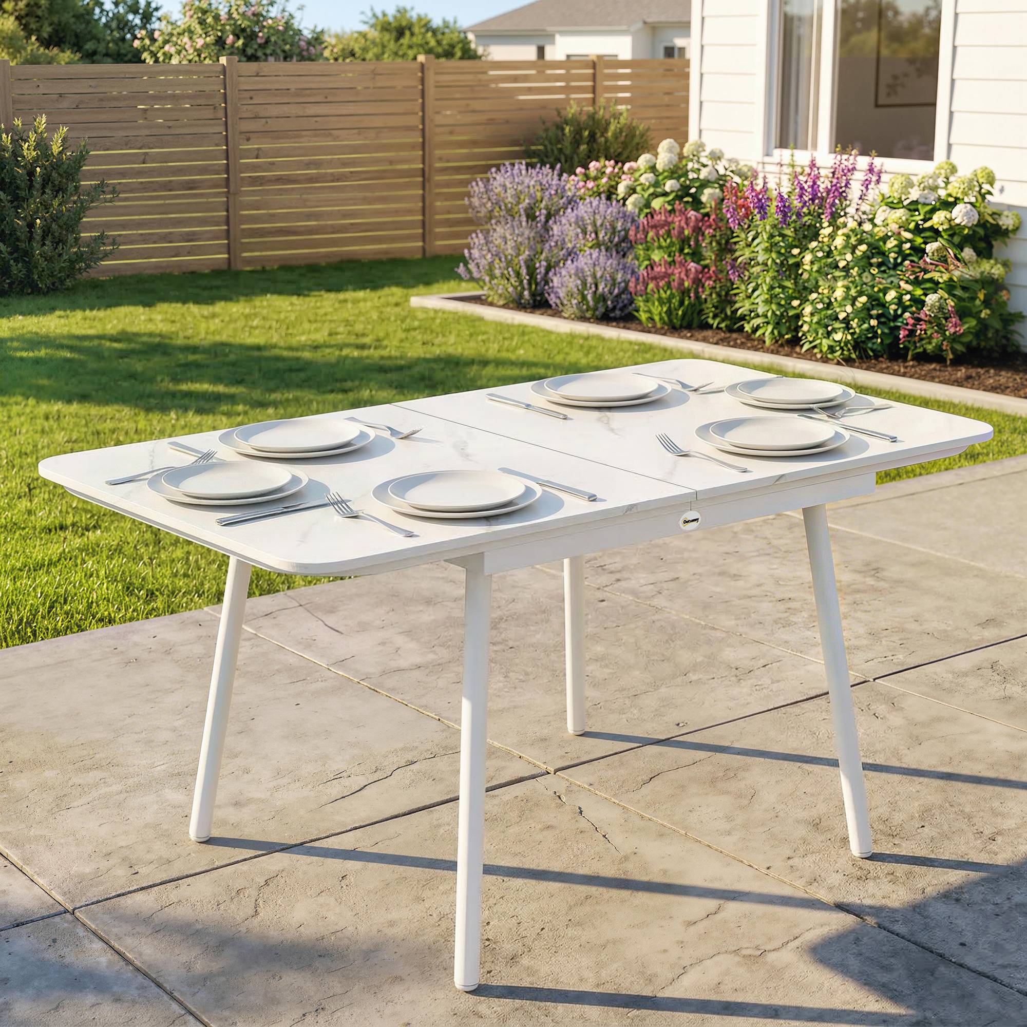 Table de Jardin Rectangulaire pour 4-6 Personnes, Plateau en WPC et Cadre en Métal, Pieds Réglables, 140x80x75cm, Blanc - Image 3