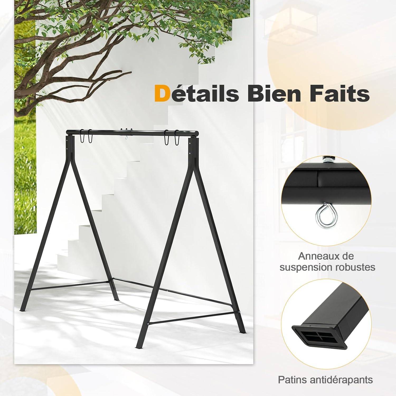 COSTWAY Cadre de Balançoire en Métal avec 5 Anneaux de Suspension, Support de Balancelle en Forme de A avec Patins Antidérapants, 210 x 115 x 175 cm - Image 6