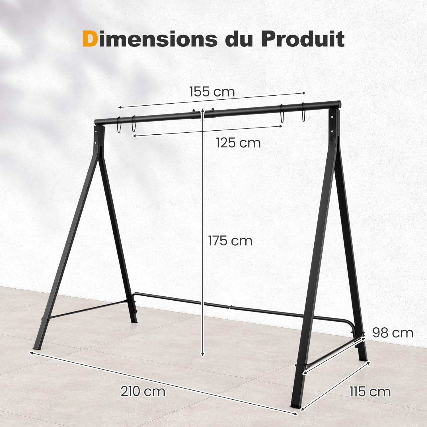COSTWAY Cadre de Balançoire en Métal avec 5 Anneaux de Suspension, Support de Balancelle en Forme de A avec Patins Antidérapants, 210 x 115 x 175 cm - Image 4