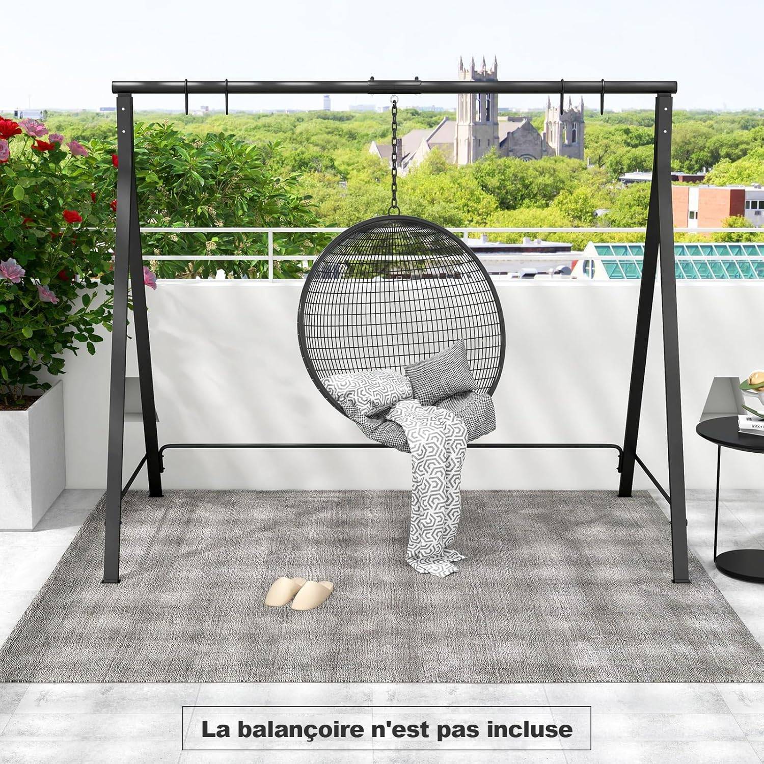 COSTWAY Cadre de Balançoire en Métal avec 5 Anneaux de Suspension, Support de Balancelle en Forme de A avec Patins Antidérapants, 210 x 115 x 175 cm - Image 3
