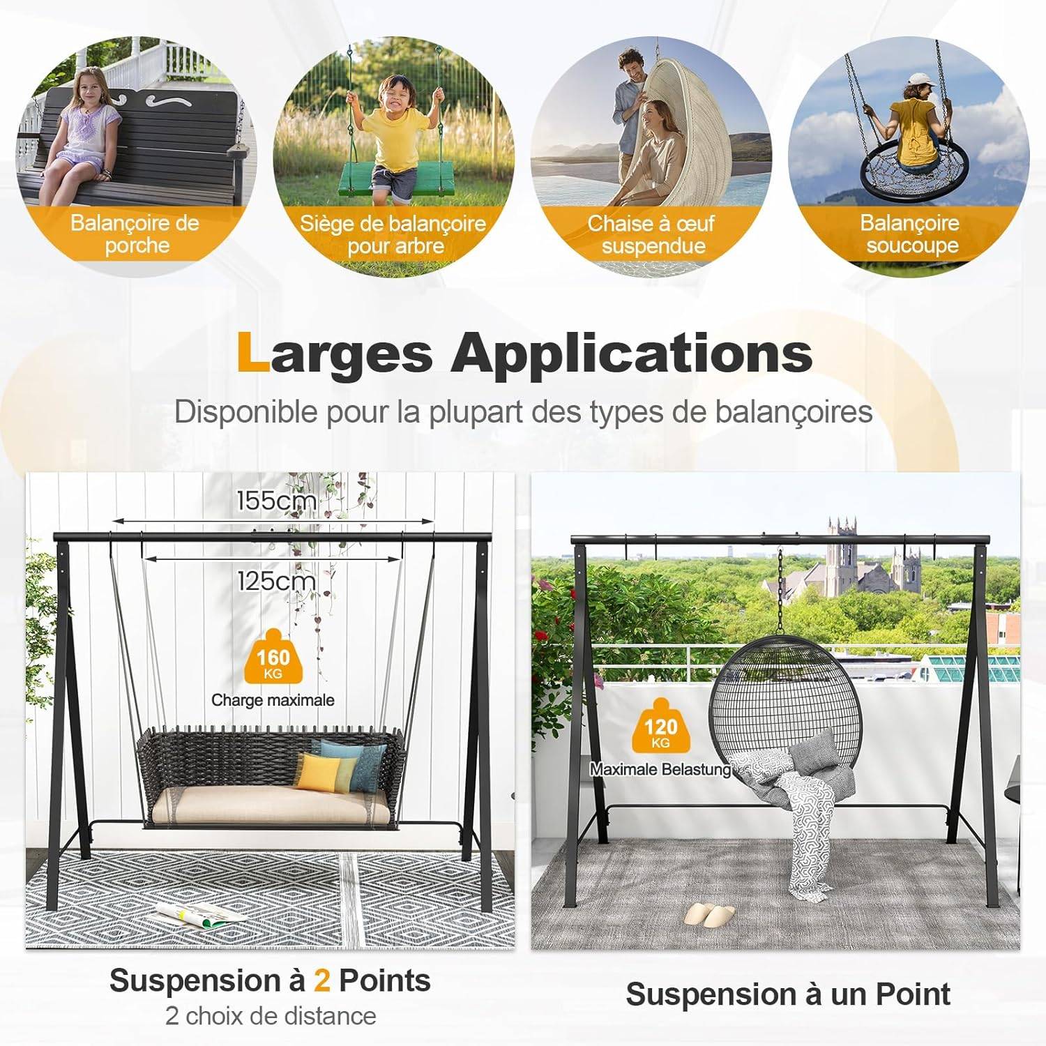 COSTWAY Cadre de Balançoire en Métal avec 5 Anneaux de Suspension, Support de Balancelle en Forme de A avec Patins Antidérapants, 210 x 115 x 175 cm - Image 5
