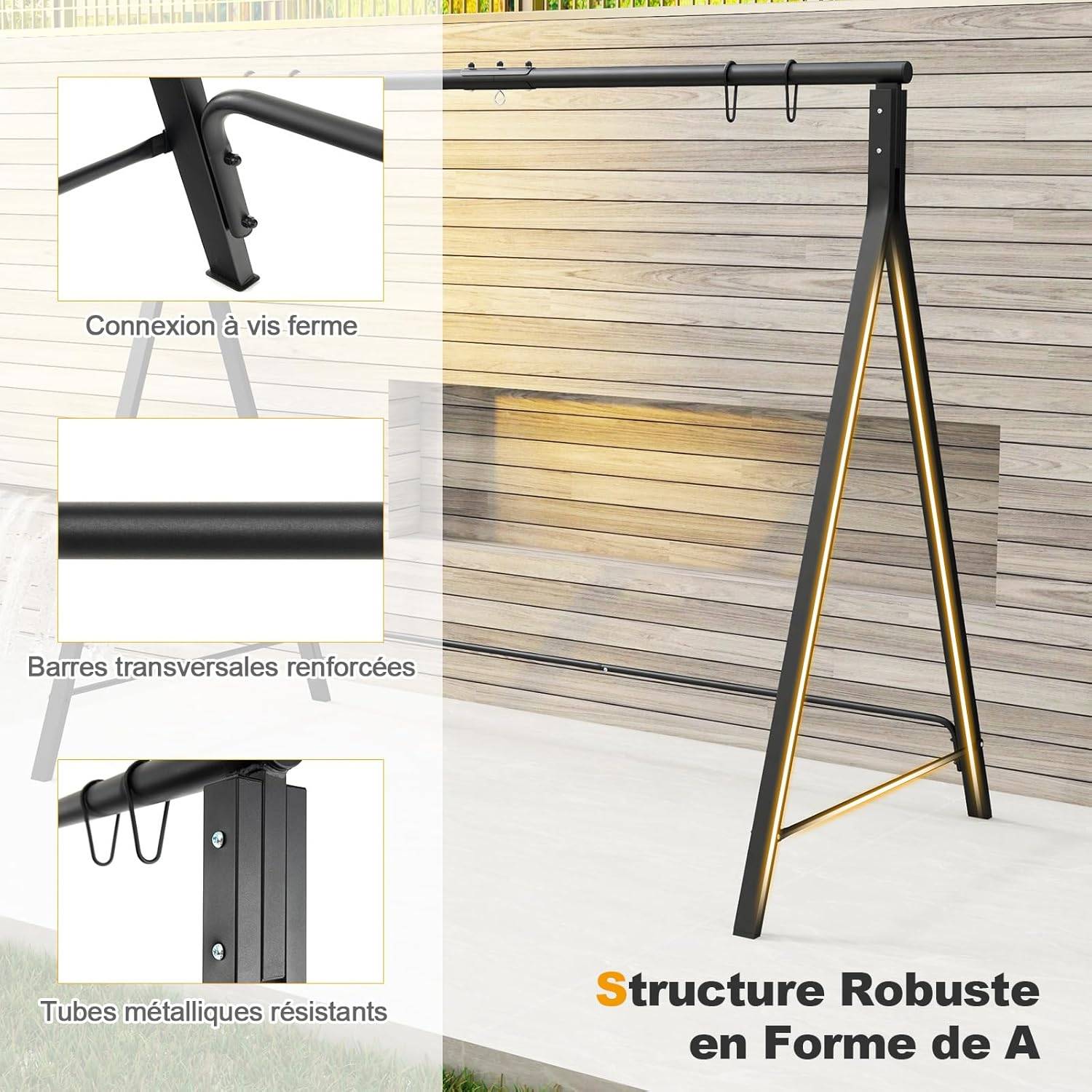 COSTWAY Cadre de Balançoire en Métal avec 5 Anneaux de Suspension, Support de Balancelle en Forme de A avec Patins Antidérapants, 210 x 115 x 175 cm - Image 7