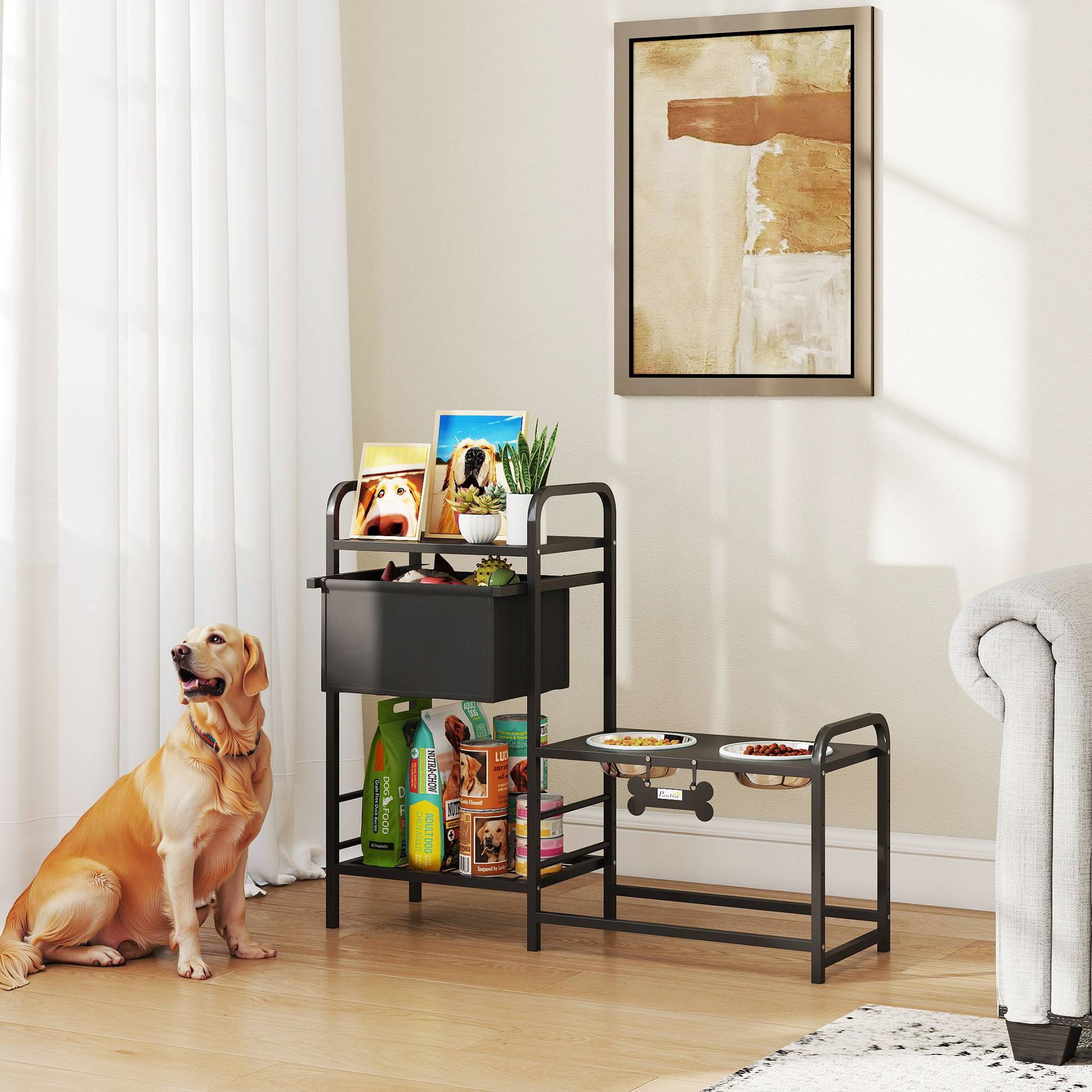 Sans Marque - Comedero Perro Elevado avec Cajón Tela 2 Cuencos Acero Inox 2x800ml Hauteur Réglable 2 Niveaux Noir - Image 4