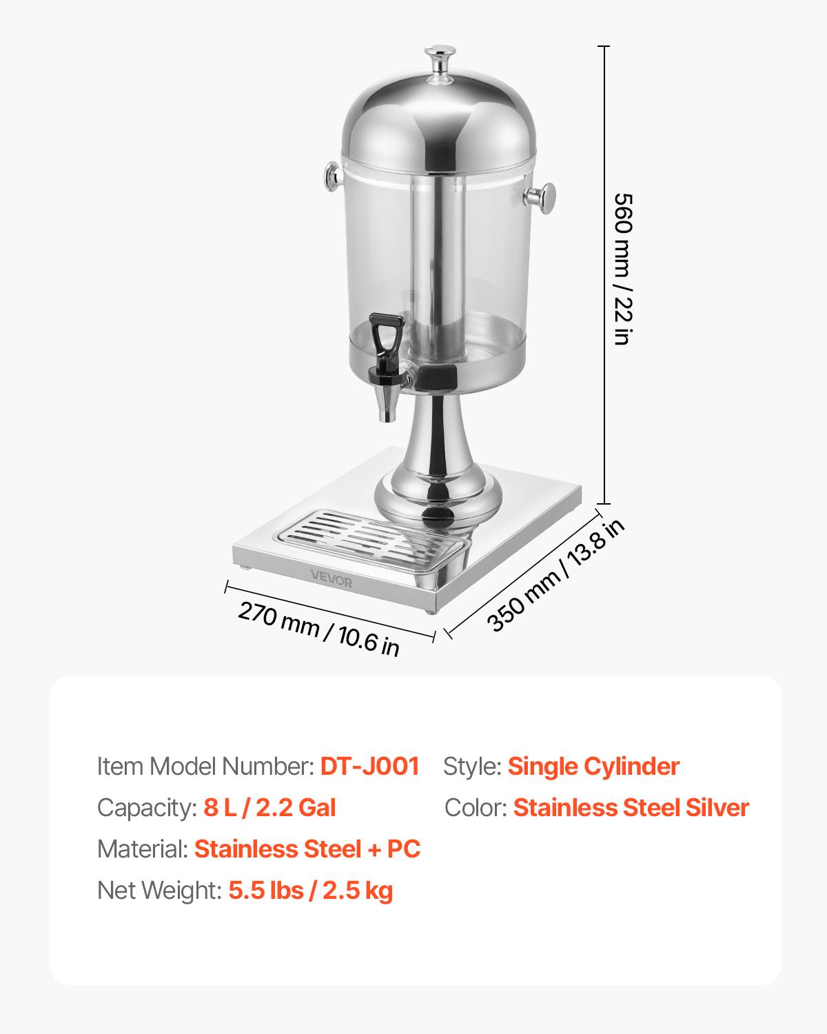 Vevor - VEVOR Distributeur 8 L, acier inox, avec plateau. - Image 7